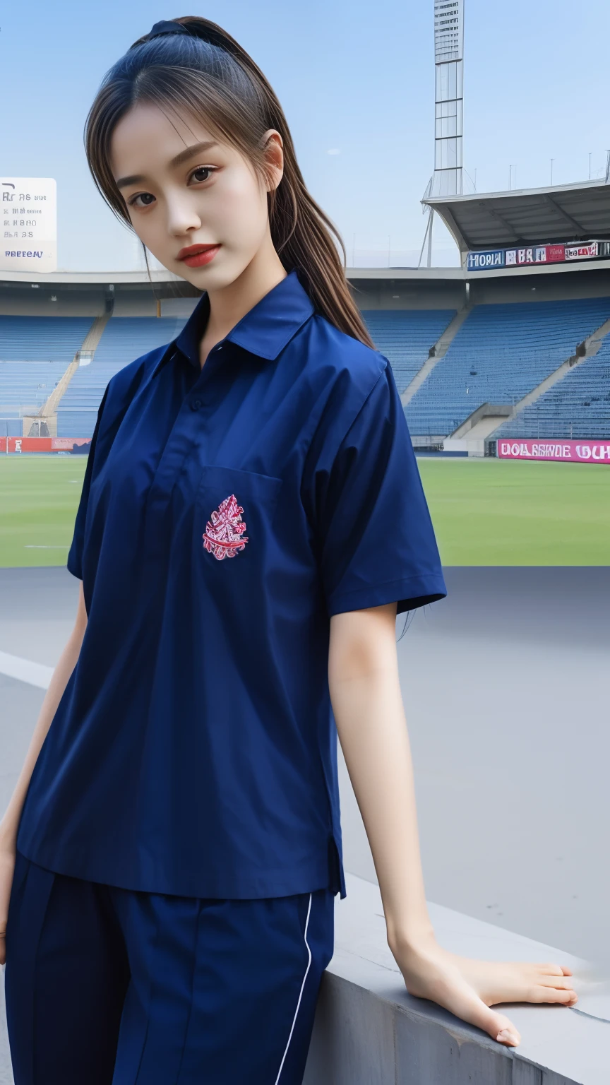 (bestquality,10,10,highres,masterpiece:1.2),ultra-detail,(Realistic,photorealistic portrait,photo-realistic:1.37),1 Cute girl in the football field,oily shiny skin,bara,light smile,BDclothes,((blue shirt:1.3)),short sleeves,shirt, trousers.,(navy_long_Pants Track:1.1), ((Stadium Background:1.3)),dynamic angle,excited,face focus,Dynamic Poses,from behide,Ass Focus,masterpiece, bestquality, ultra realistic, hyper-detail, 8k resolution, RAW photo, crisp focus, ((Navy blue shirt:1.1)), short sleeves, Long Path, Perfect body, 2 mature women, 18yo, cinematic light,Blue sweatpants,Gymware,Correct anatomy,Complete body, Correct body, sharp face, Anatomically correct body, full entire body, Realistic gestures, long-haired, Realistic poses,Wear long shorts.................,Long leg span,Shapely,Sculpting Girl, Slender Figure, mannequin mannequins, Shapely, Beautiful body,Blue sweatpants,Sit on your side.,On my side...,Seated
