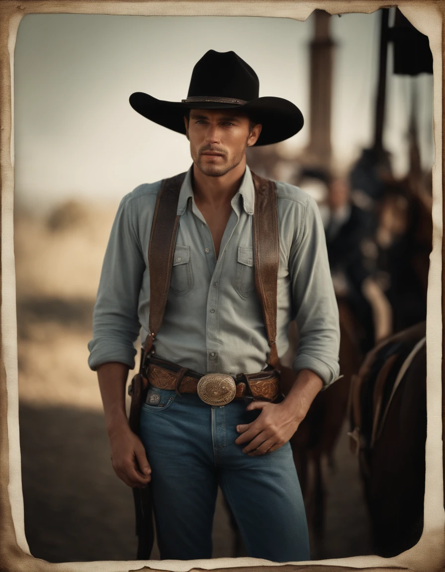 Cinematic portrait, ((Upper body)), Facing the audience, (reality :1.3), most beautiful artwork photo in the world, A man looks at the camera, Vintage denim outfits, Western cowboy, Detailed beautiful face, action shot, (Intricate :1.4), Western background, photograph realistic, In the daytime, CG, art stand