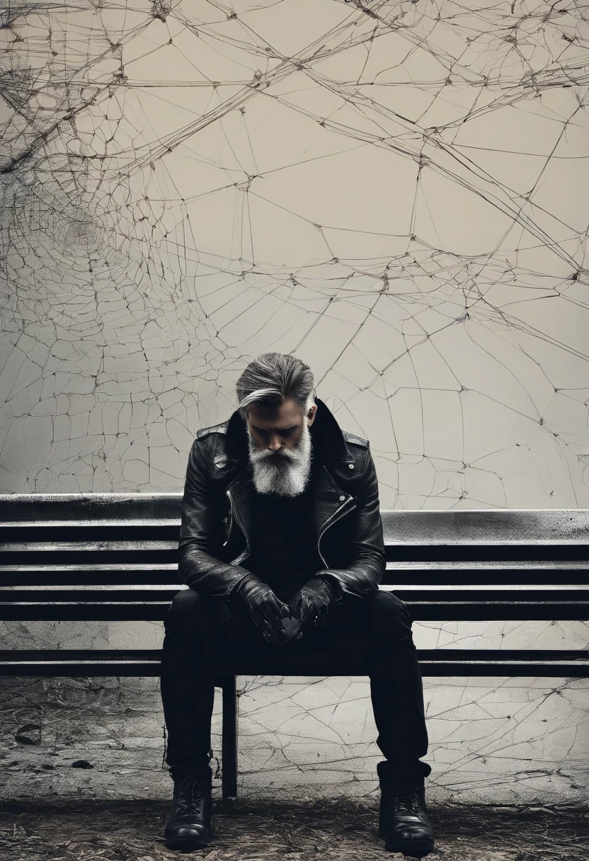 sad man with a beard sitting on a bench, half-turned, hand under his head, foot on a soccer ball, cobwebs around, gloom, dark colors