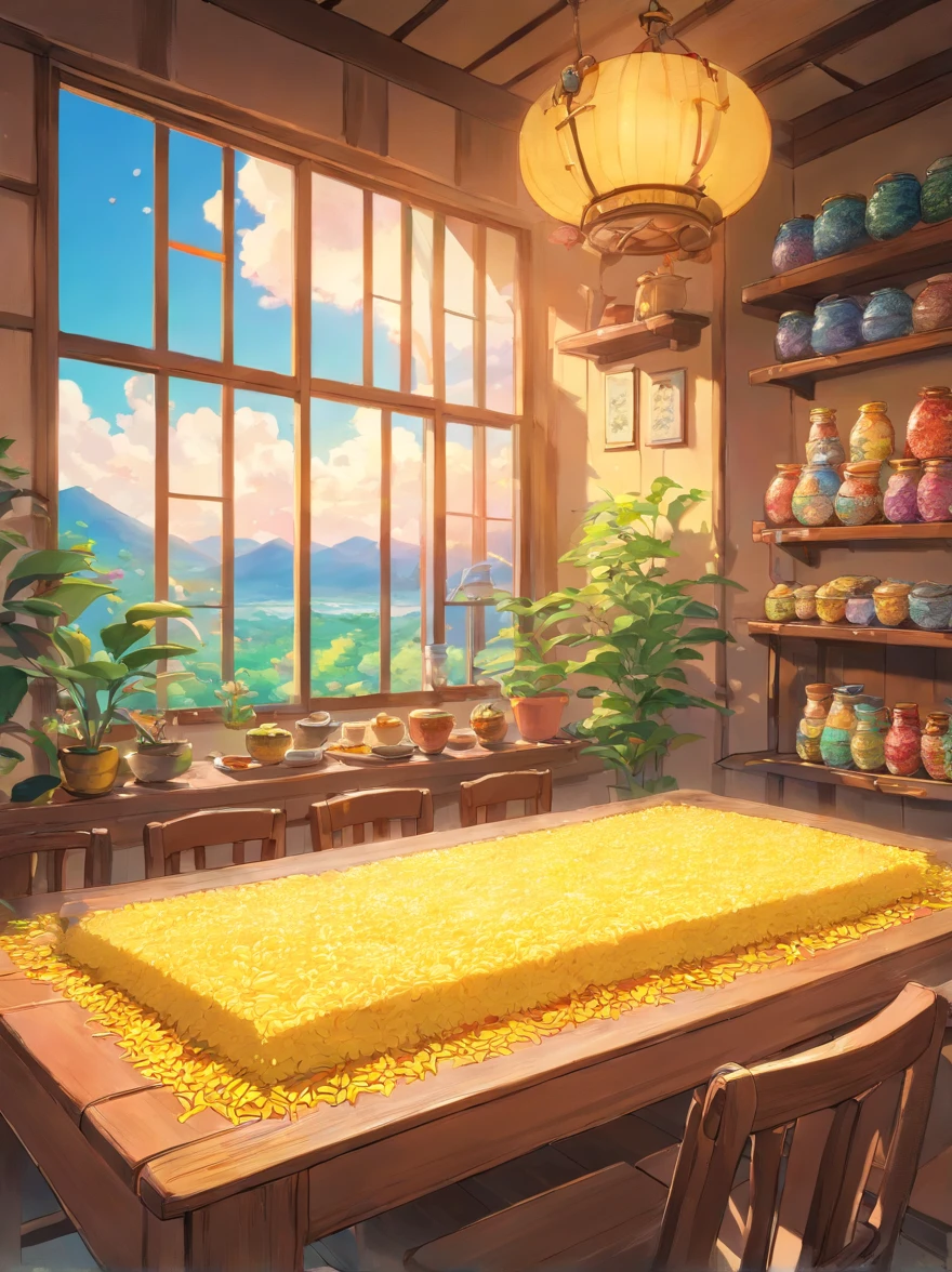 In the daytime，In the brightly lit room, fragrant five-colored sticky rice is placed on the table