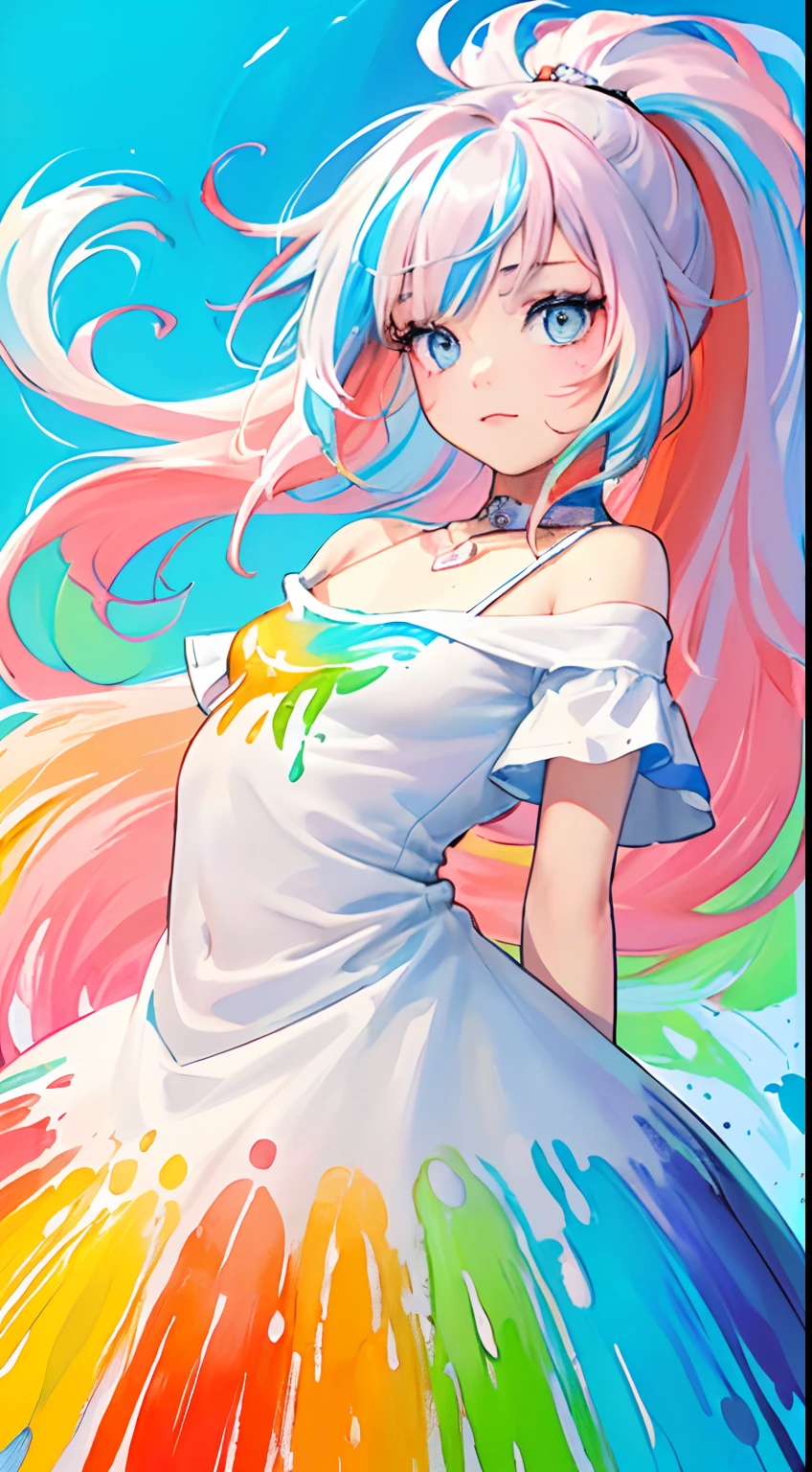 （Pink Fashion T-shirt：1.9），(Colorful hair: 1.8), (all the colours of the rainbow: 1.8),(((((vertical painting：1.6))), （painting：1.6），front, comics, illustrations, paintings, large eyes, crystal clear eyes,（ rainbow color gradient high ponytail：1.7）, exquisite makeup, closed mouth,(Small Fresh: 1.5),(Wipe Chest: 1.6) ，long eyelashes, white off shoulder T-shirt,  White Shoulder Shirt，looking at the audience, large watery eyes, (rainbow colored hair：1.6), color splash, （solo：1.8）, color splash, color explosion, thick paint style, messy lines, ((shining))，(colorful), (colorful), (colorful), colorful, Thick Paint Style, (Splash) (Color Splash), Vertical Painting, Upper Body, Paint Splash, Acrylic Pigment, Gradient, Paint, Highest Image Quality, Highest Quality, Masterpiece, Solo, Depth of Field, Face Paint,  colorful clothes, (Elegant: 1.2), gorgeous,long hair, wind, (Elegant: 1.3), (Petals: 1.4)，(((masterpiece))),(((best quality))),((ultra-detailed)),(illustration),(dynamic angle),((floating)),(paint),((disheveled hair)),(solo),(1girl) , (((detailed anima face))),((beautiful detailed face)),collar,bare shoulders,white hair, ((colorful hair)),((streaked hair)),beautiful detailed eyes,(Gradient color eyes),(((colorful eyes))),(((colorful background))),(((high saturation))),(((surrounded by colorful splashes))),
