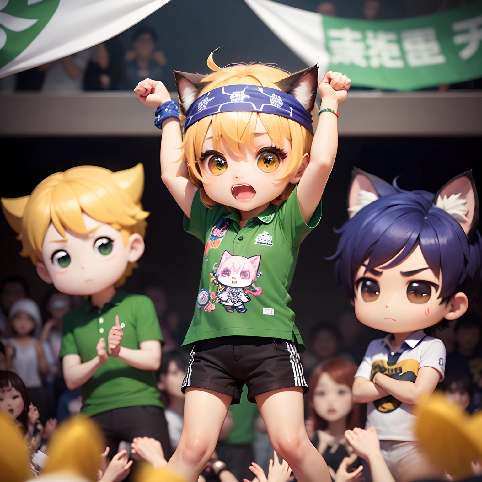 masterpiece、top-quality、ultra-detailliert、(Chibi Charaman:1.2)、short-haired、Cat's ears、Fans of idols、(Wear a printed bandana on your head:1.3)、Green Polo Shirt、JINS、cheering、🪭、banners、Standing、exclamation