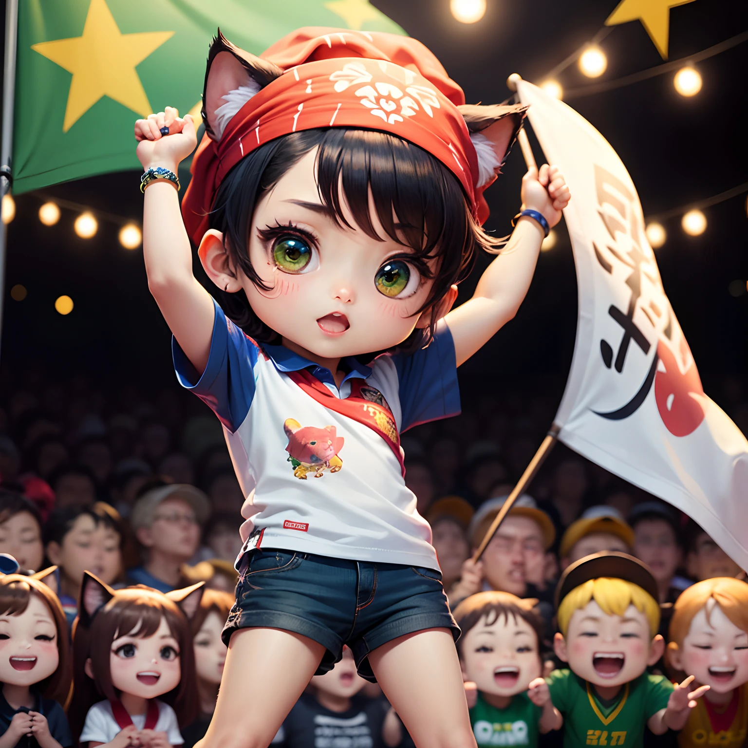 masterpiece、top-quality、ultra-detailliert、(Chibi Charaman:1.2)、short-haired、Cat's ears、Fans of idols、(Wear a printed bandana on your head:1.3)、Green Polo Shirt、JINS、cheering、🪭、banners、Standing、exclamation