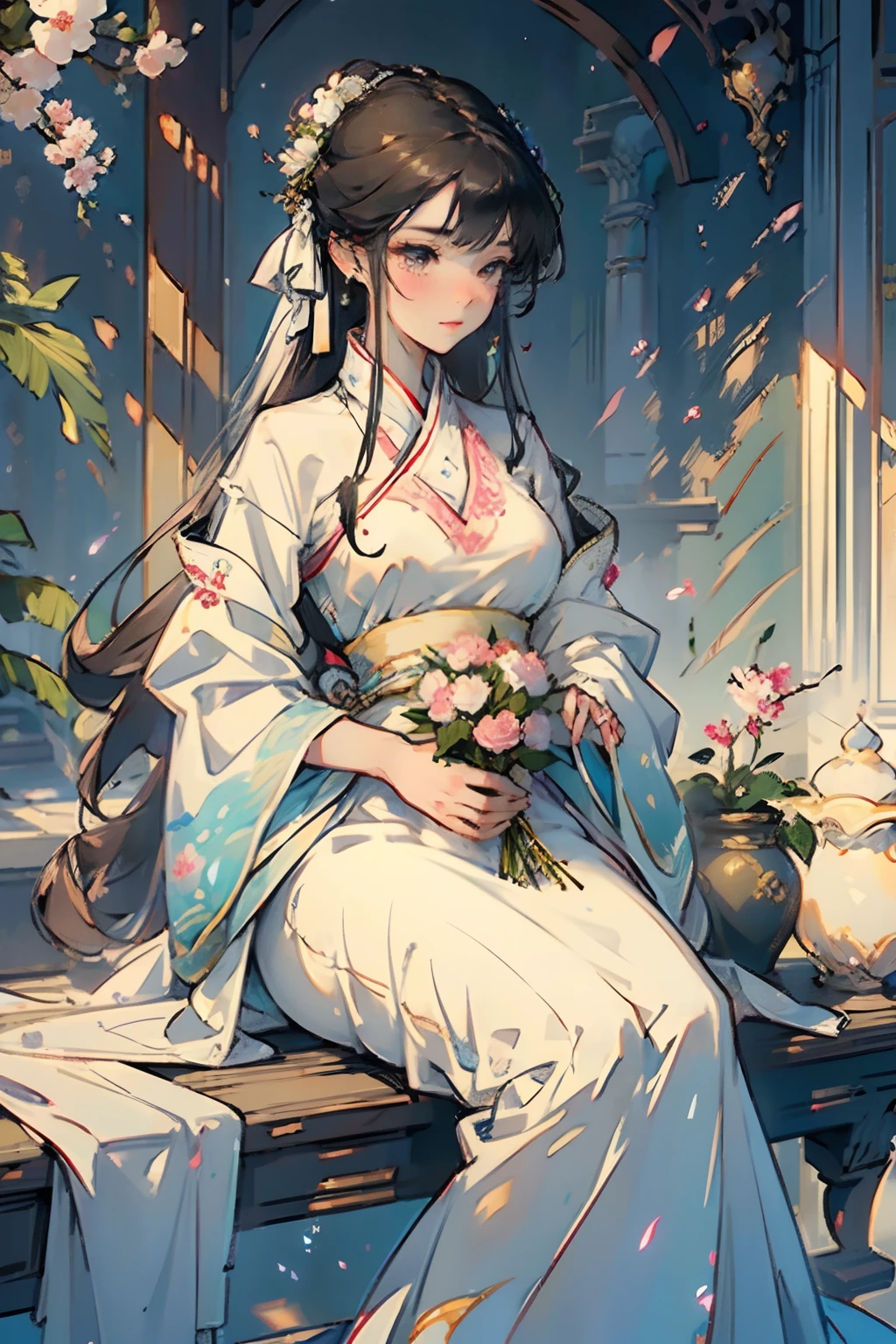 (masterpiece:1.2), Best Quality, (illustration:1.2), (ultra detailed), hyper details, (delicate detailed), (intricate details), (cinematic light, Best Quality Backlights), Delete line, soloist, perfect body, (1 girl), stylized artwork, purple and pink theme, girl, Purple long hair, white empty eyes, pink top, pink roses, see through skeleton overlay, foliage, leaves, Watercolor splash, (make up), high contrast, (better lighting, an extremely created and beautiful), (cinematic light), showy,