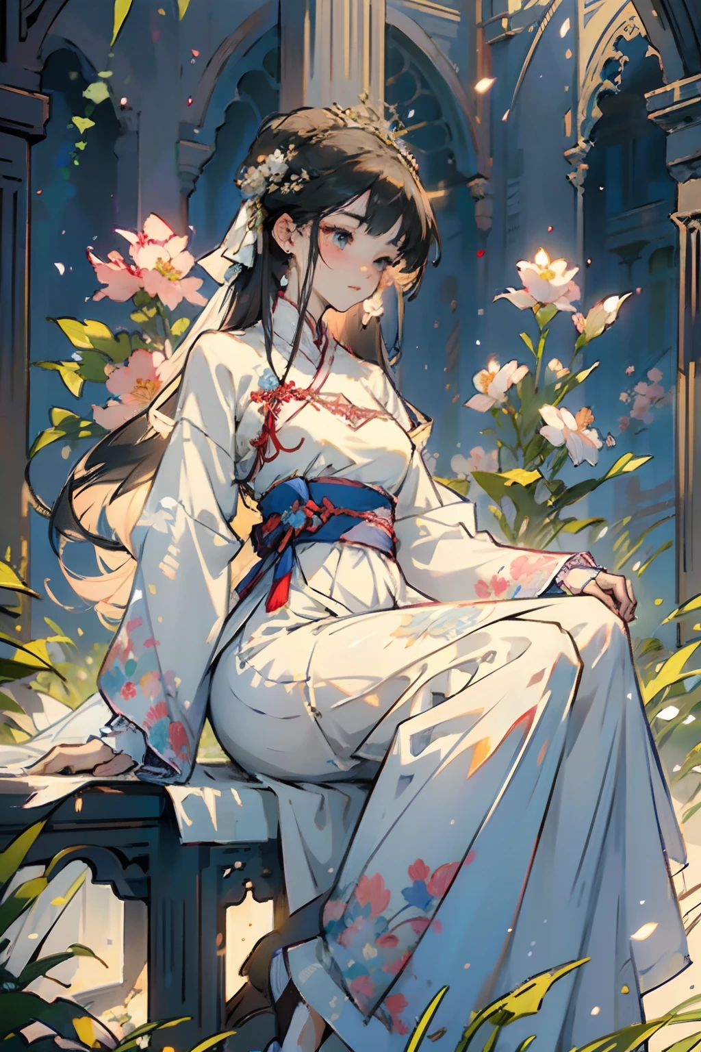 A woman in a white dress sitting on a bench in a garden - SeaArt AI