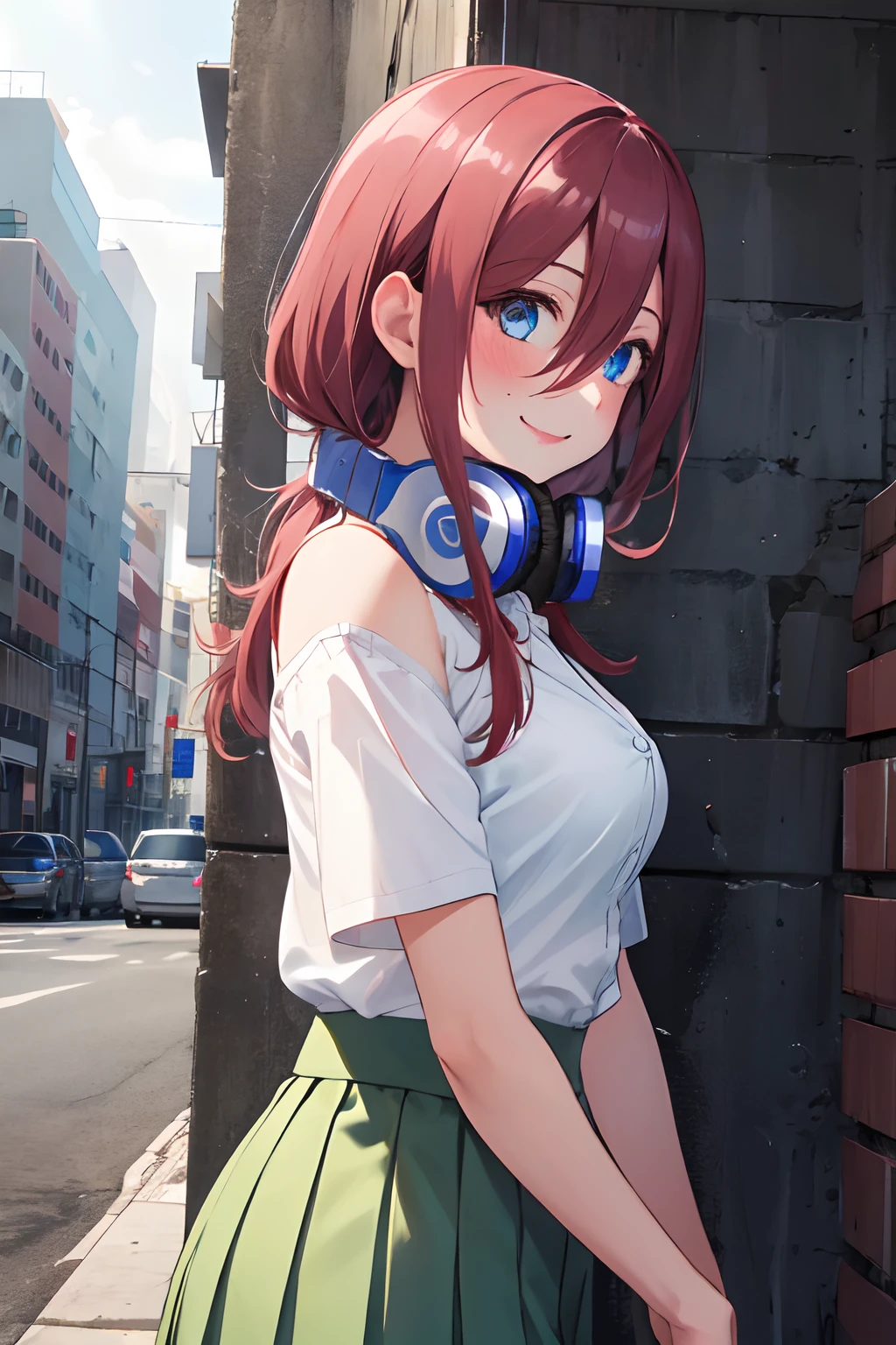 InminentKiss, (masterpiece), high quality, detailed background,1girl, ssolo, ChopioMiku, long hair, shiny hair, maroon hair, hair between eyes, blue eyes, highly detailed eyes, headphones around neck, (blush: 1.3), looking at viewer, standing, smile, outdoors, garden, sun, sun rays, Outfit_School, white shirt, collared shirt , blue cardigan, green skirt, pleated skirt, black pantyhose, loafers, (underbust arm: 1.2), big breasts, 1boy, spider suit, spider web print, spider web , spider-man Masterpiece, absurdres, fine detail, HDR, ((highly detailed face and eyes)), photorealistic, focus on eyes, standing on the roof of a skyscrapper, ((unmasked)), looking at viewer, smiling, short brown hair, new york buildings background, bare shoulders, white shirt, upper body, ponytail, short sleeves, hetero, sleeveless, looking at each other, from side, profile, couple, eye contact