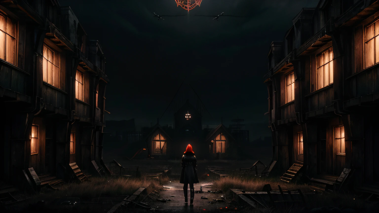 highly detailed landscape, loneliness, gloomy, abandoned vault, old wooden crates, dark endless concrete labyrinth, lots of mechanical spiders around, glowing red spider eyes, gloomy atmosphere, dystopian, highly detailed, highly detailed lighting, cold lighting, black sky, dark overcast pitch black sky, dusty, hopeless, gloomy anime girl, dark black skin anime girl, ashen hopeless anime girl