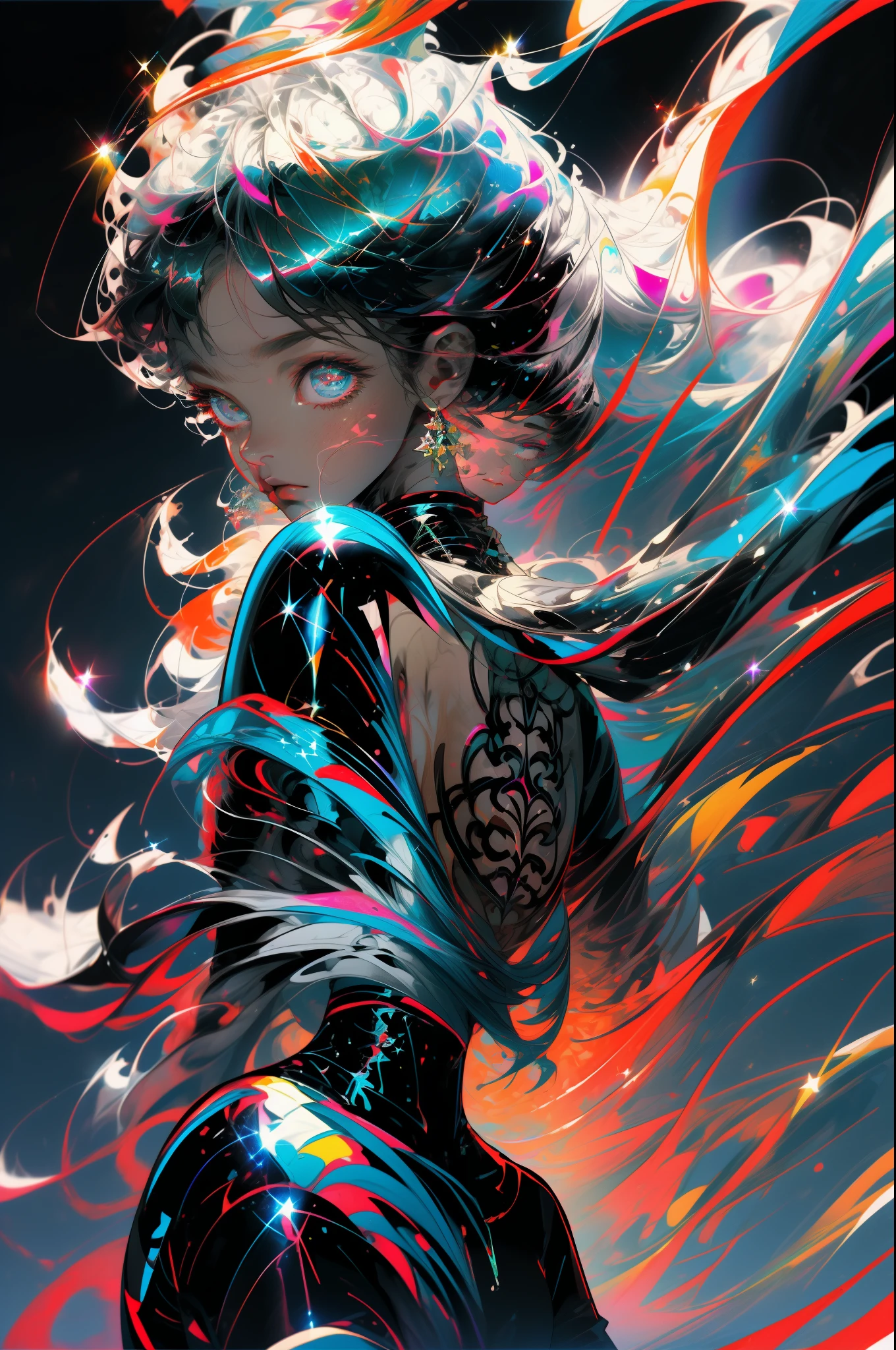 masterpiece、top-quality、超A high resolution、Fluorescent color、Cool Men、beautiful countenance、beautidful eyes、(off shoulders:1.2)、turn your head up、There is a space sky、On the water、on grass、shinny hair、shinny skin、Shine Cut、Chibi、Finger Scale Coordination、black starlight dress、Particle