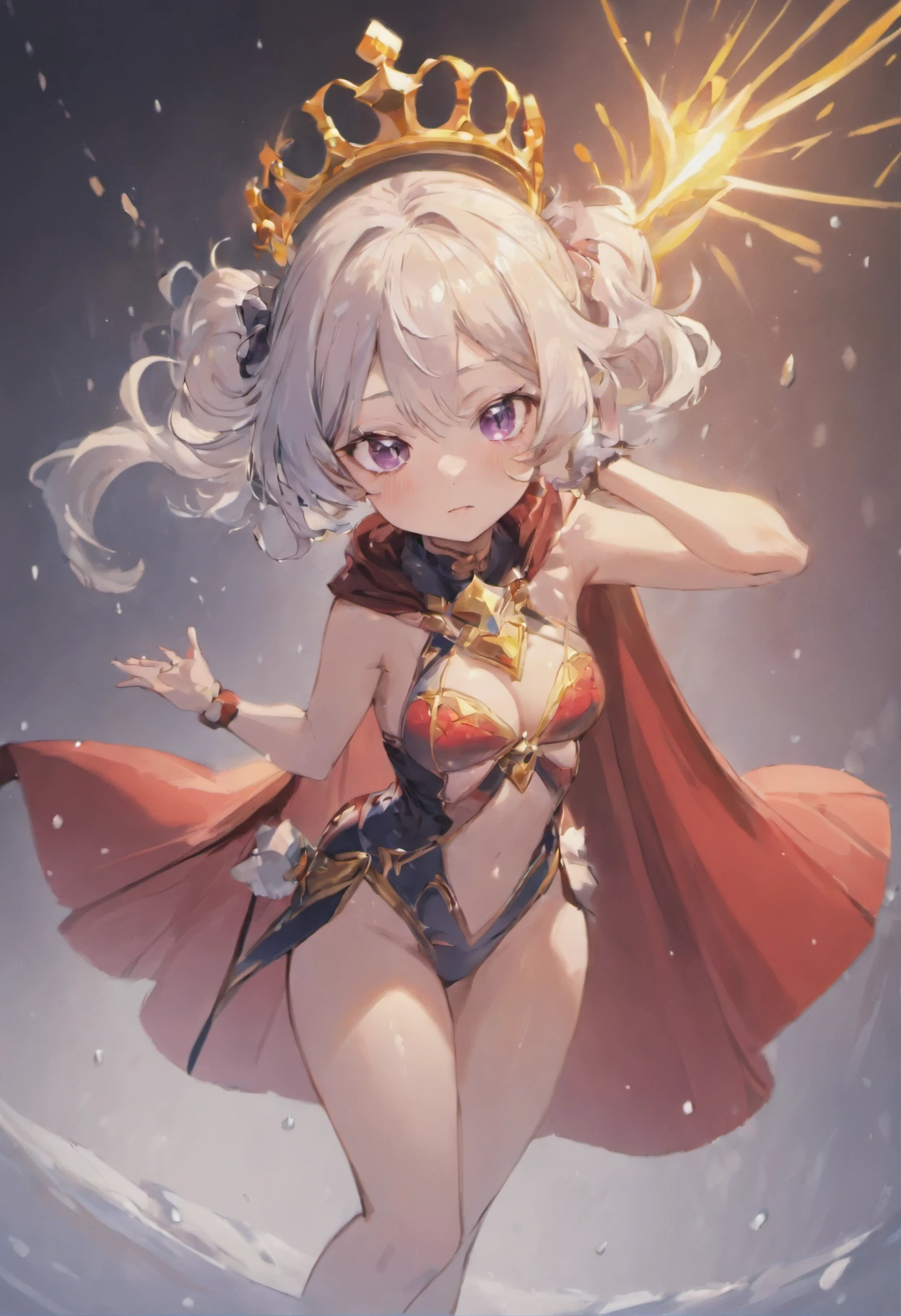 hina from blue archive, succubus, ((wet tight cute military swimsuit, demon style crown, stylish military cape, stocking, silver necklace)), ((white hair, cute perfect body shape, small breast, cold and serious aura, seducing and wind effect, detailed snow white skin, purple pupil)), best quality anime 4k wallpaper quality, extreme eye and body detail, high resolution , masterpieces, extra skin exposed