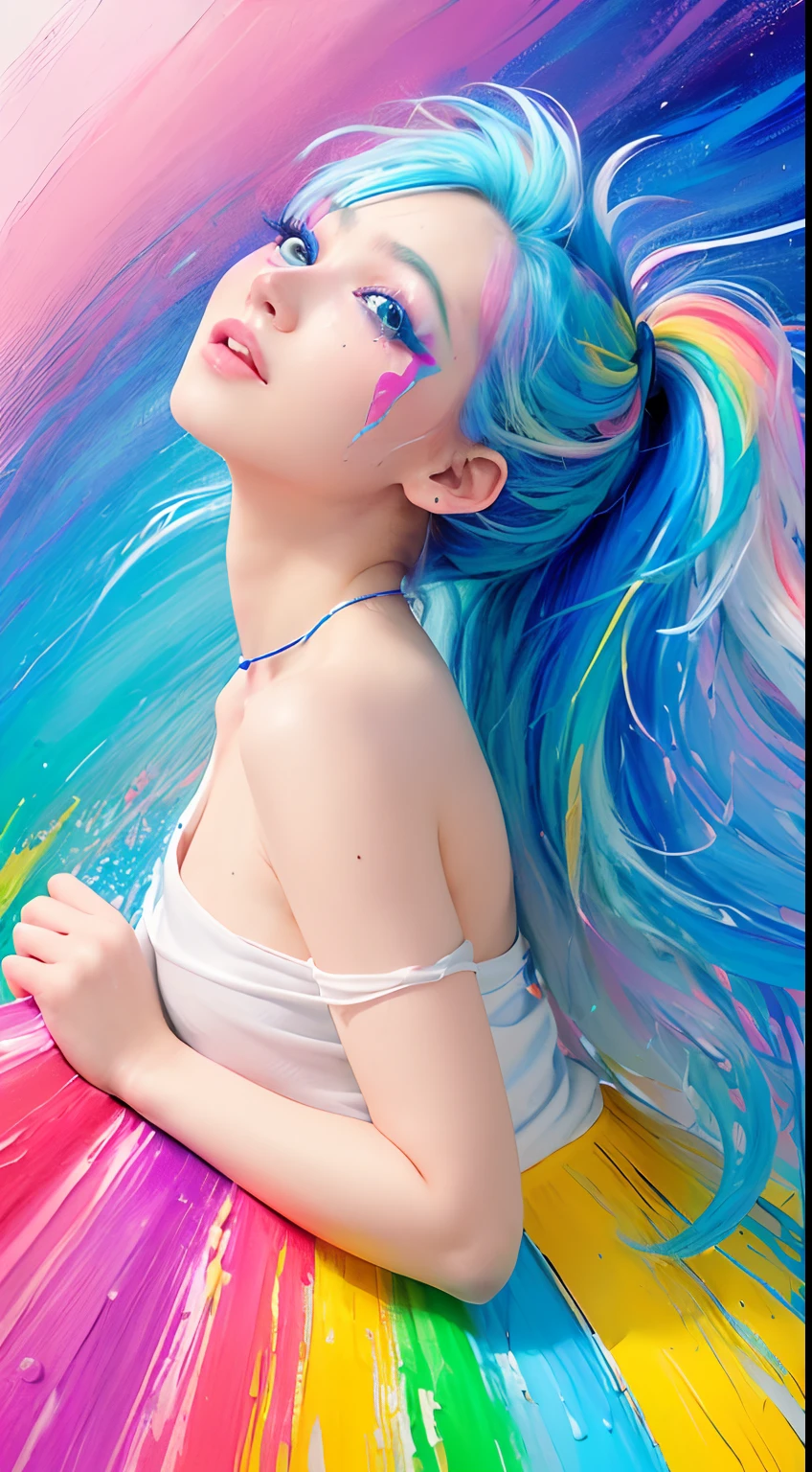 (Pink Fashion T-shirt:1.9),(Colorful hair: 1.8), (all the colours of the rainbow: 1.8),(((((vertical painting:1.6))), (painting:1.6),front, comics, illustrations, paintings, large eyes, crystal clear eyes,( rainbow color gradient high ponytail:1.7), exquisite makeup, closed mouth,(Small Fresh: 1.5),(Wipe Chest: 1.6) ,long eyelashes, white off shoulder T-shirt, White Shoulder Shirt,looking at the audience, large watery eyes, (rainbow colored hair:1.6), color splash, (solo:1.8), color splash, color explosion, thick paint style, messy lines, ((shining)),(colorful), (colorful), (colorful), colorful, Thick Paint Style, (Splash) (Color Splash), Vertical Painting, Upper Body, Paint Splash, Acrylic Pigment, Gradient, Paint, Highest Image Quality, Highest Quality, Masterpiece, Solo, Depth of Field, Face Paint, colorful clothes, (Elegant: 1.2), gorgeous,long hair, wind, (Elegant: 1.3), (Petals: 1.4),(((masterpiece))),(((best quality))),((ultra-detailed)),(illustration),(dynamic angle),((floating)),(paint),((disheveled hair)),(solo),(1girl) , (((detailed anima face))),((beautiful detailed face)),collar,bare shoulders,white hair, ((colorful hair)),((streaked hair)),beautiful detailed eyes,(Gradient color eyes),(((colorful eyes))),(((colorful background))),(((high saturation))),(((surrounded by colorful splashes))),