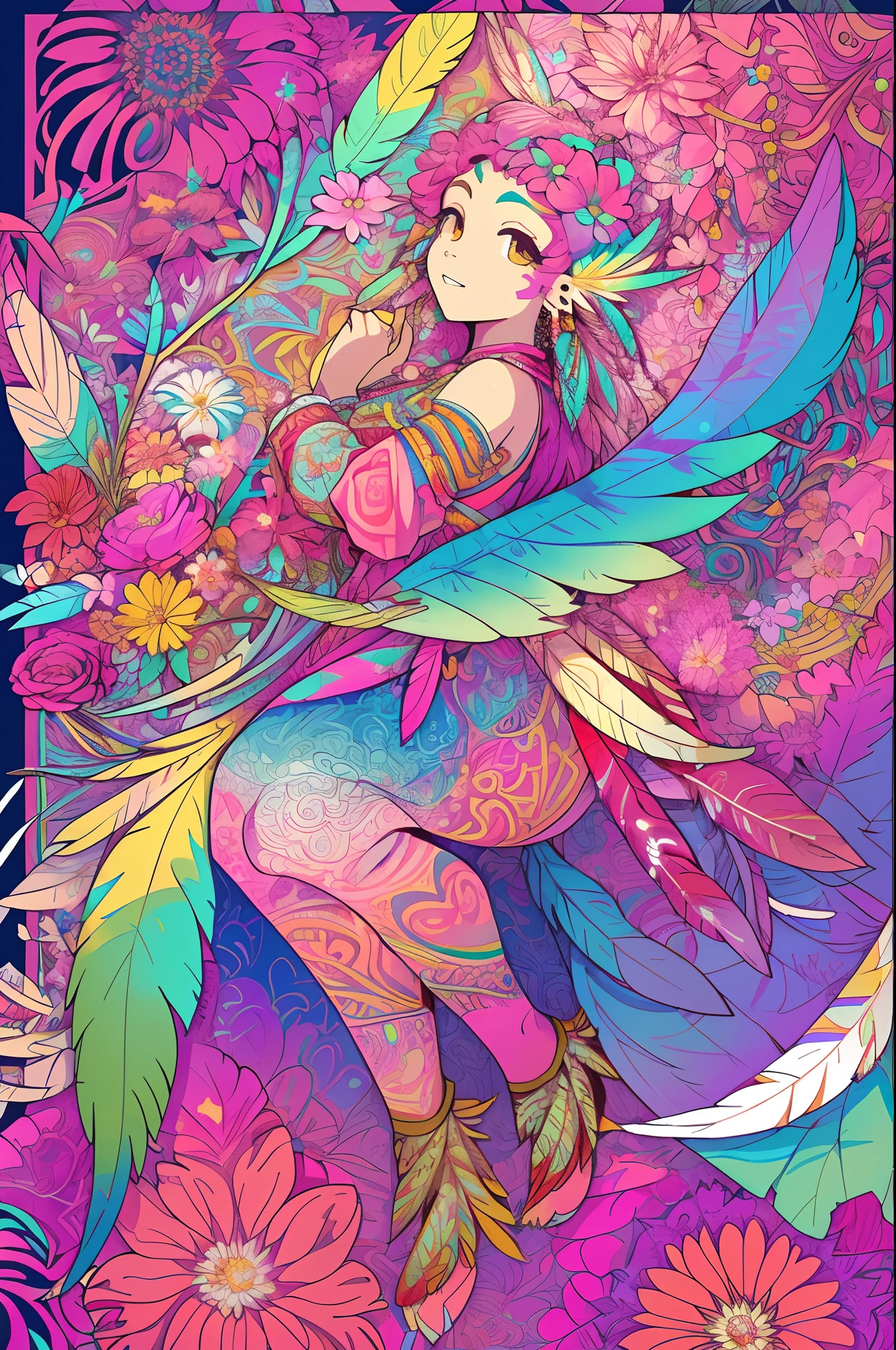 cover page(masterpiece, top quality, best quality, official art, beautiful and aesthetic:1.2), (1girl:1.3), extremely detailed,(fractal art:1.1),(colorful:1.1)(flowers:1.3),highest detailed,(zentangle:1.2), full body, (abstract background:1.3), (shiny skin), (many colors:1.4), ,(earrings), (feathers:1.5),