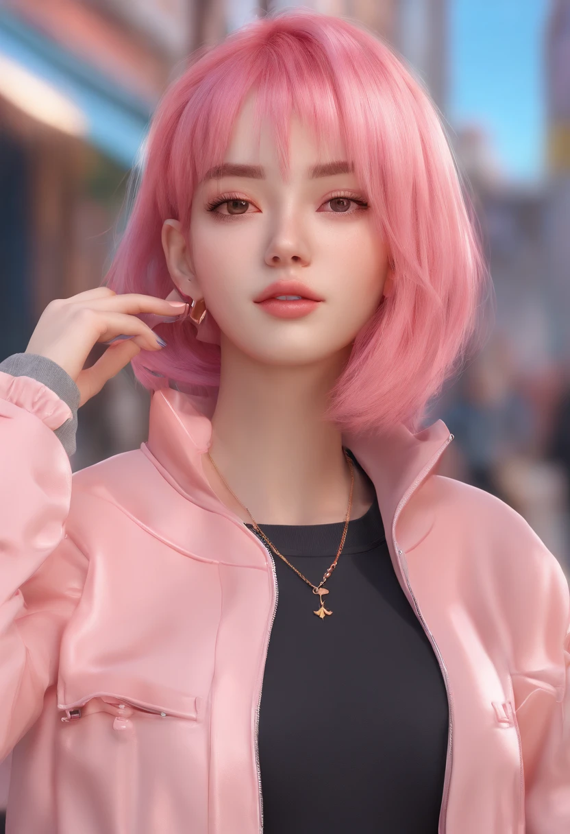 a close up of a woman with pink hair and a black warm sweater, inspired by Yanjun Cheng, 8k street style render, soft dynamic shot 8 k, photorealistic anime girl render, kawaii realistic, artwork in the style of guweiz, 8 k realistic digital art, [ 4 k photorealism ]!!, yanjun chengt, photorealistic beautiful face, short hair cut, pink-peach hair, full body, sitting on a sidewalk, blue jeans, trousers