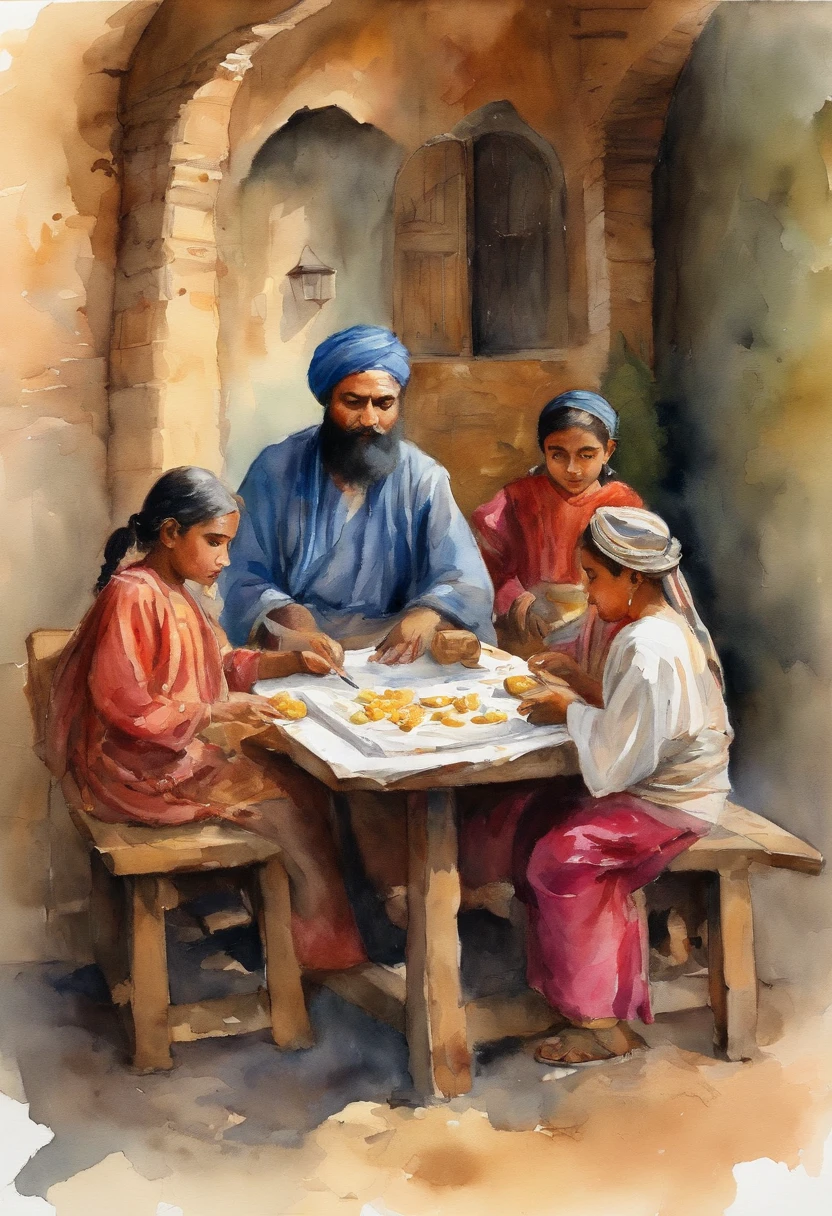 Gangis Khan sitting on table,  3 daughter standing behind,  Gengiskhan playing chees