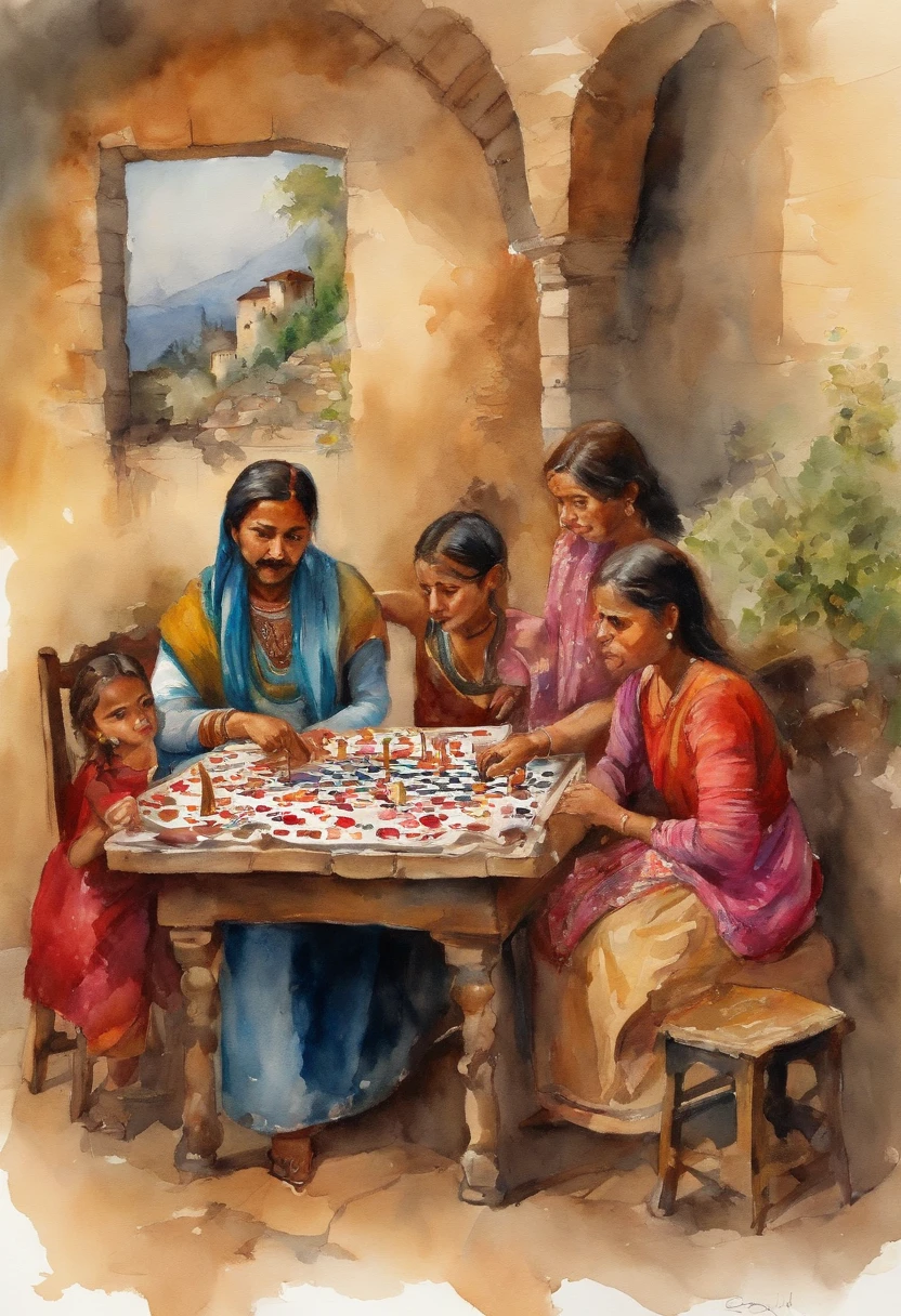 Gangis Khan sitting on table, 3 daughter standing behind, Gengiskhan playing chees