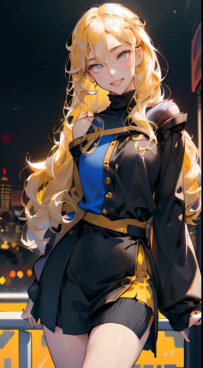 , highres, ultra detailed, 1girl, solo, extremely detailed eyes, (Gold hair:1.5) , (straight waist-length hair) ,she is wearing a ((Yale Blue colored Sleevless Shirt inside , Single Breast Button Yale Blue colored Shirt)) , korea stmreetwear, anime girl in real life,(Anti-flash white-colored eyes:1.5) , ulzzang , ((Rich Black colored Hip skirt)), Black colored Contrasting design at the waist ,((Mikado yellow colored Long-sleeved knitted off-the-shoulder croped sweater)), waist-length Mikado yellow croped sweater,Mikado yellow sweater decorated with ((Oxford Blue colored belts on the sleeves)) , big smile , happy , excited ,joyful , (waistless:1.5) , (top-down view:1.5), focusing on the face, fingers touching lips, mischievous , (city street background:1.5) , crowd , close-up view , look-up