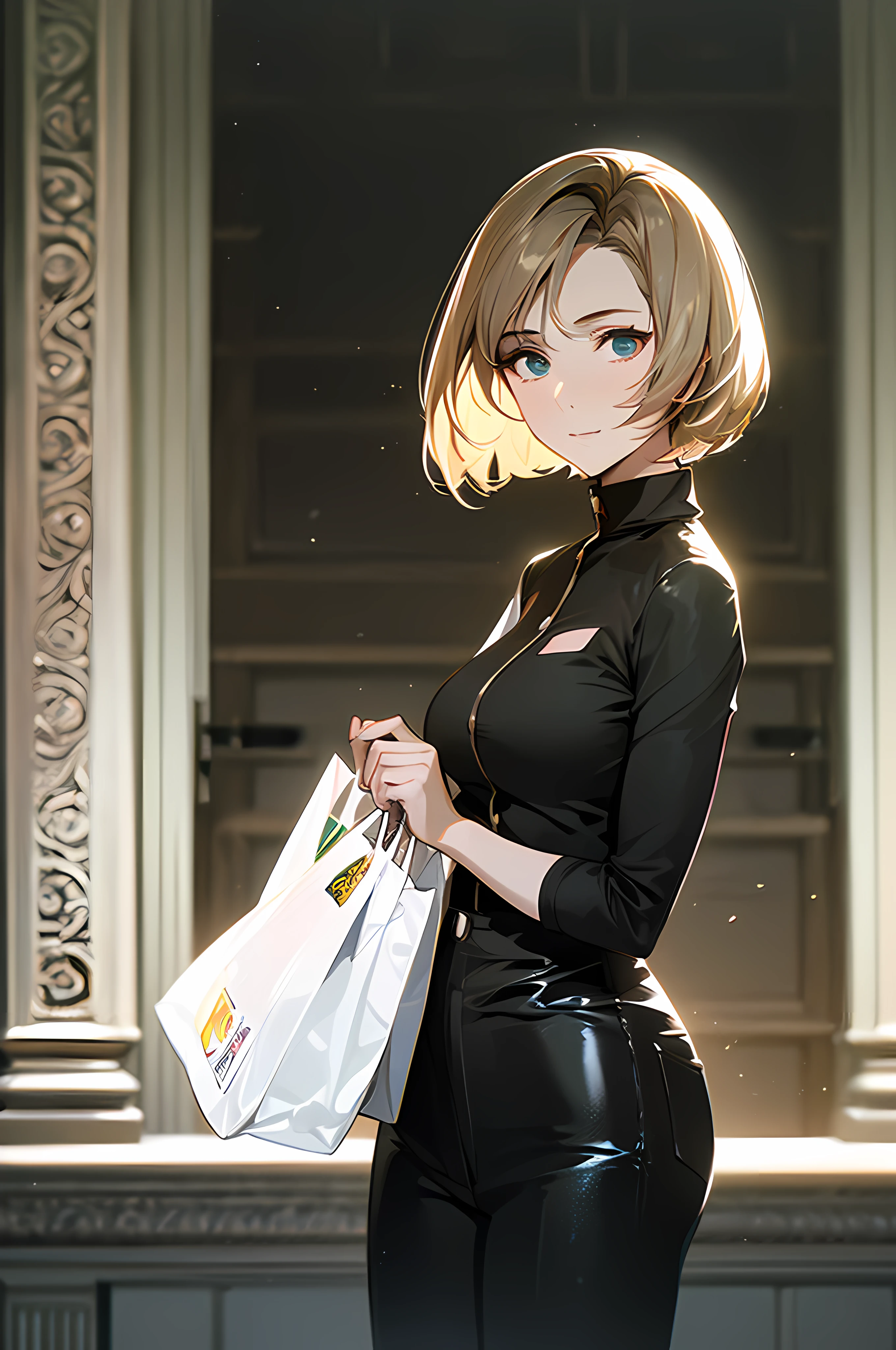 blond woman in black top and black pants holding a brown bag, looking like annie leonhart, 3/4 bust, young beautiful amouranth, thick neck, glamorous jill valentine, better known as amouranth, she is facing the camera, with pale skin, her wardrobe is attractive, wearing a black bodysuit, amouranth