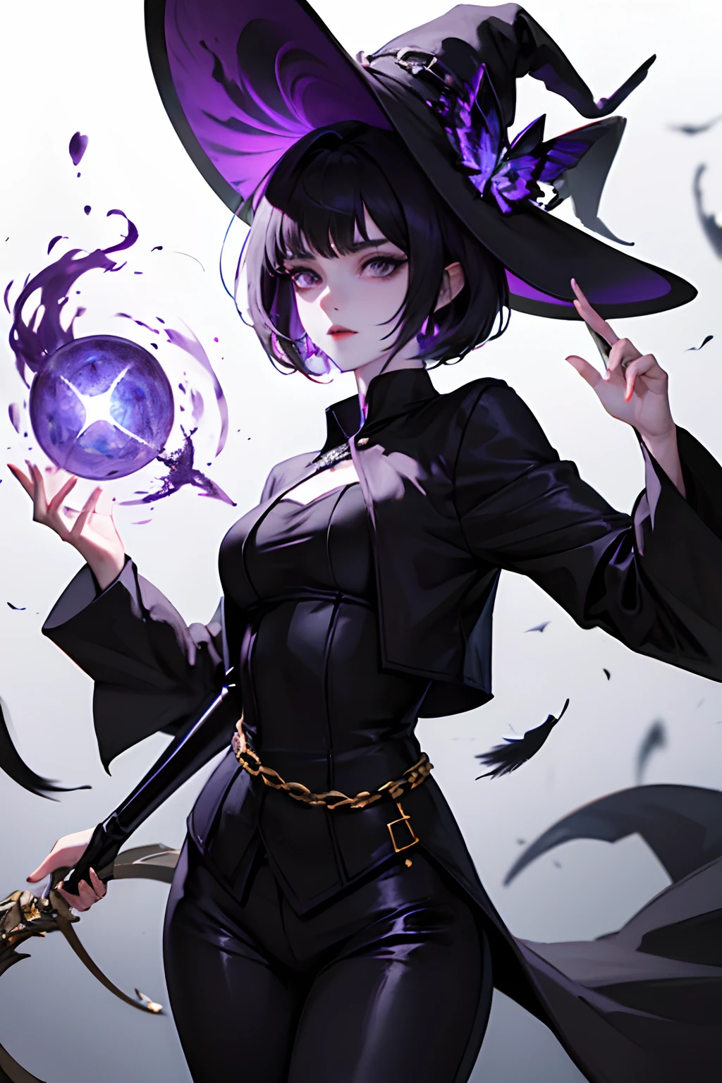 A witch, sharp face, short hair, black hair, big eyes, lilac eyes, pale skin like paper, dark circles under her eyes, black feathered clothes, black pants, feathered hat, magic staff. esthetic look