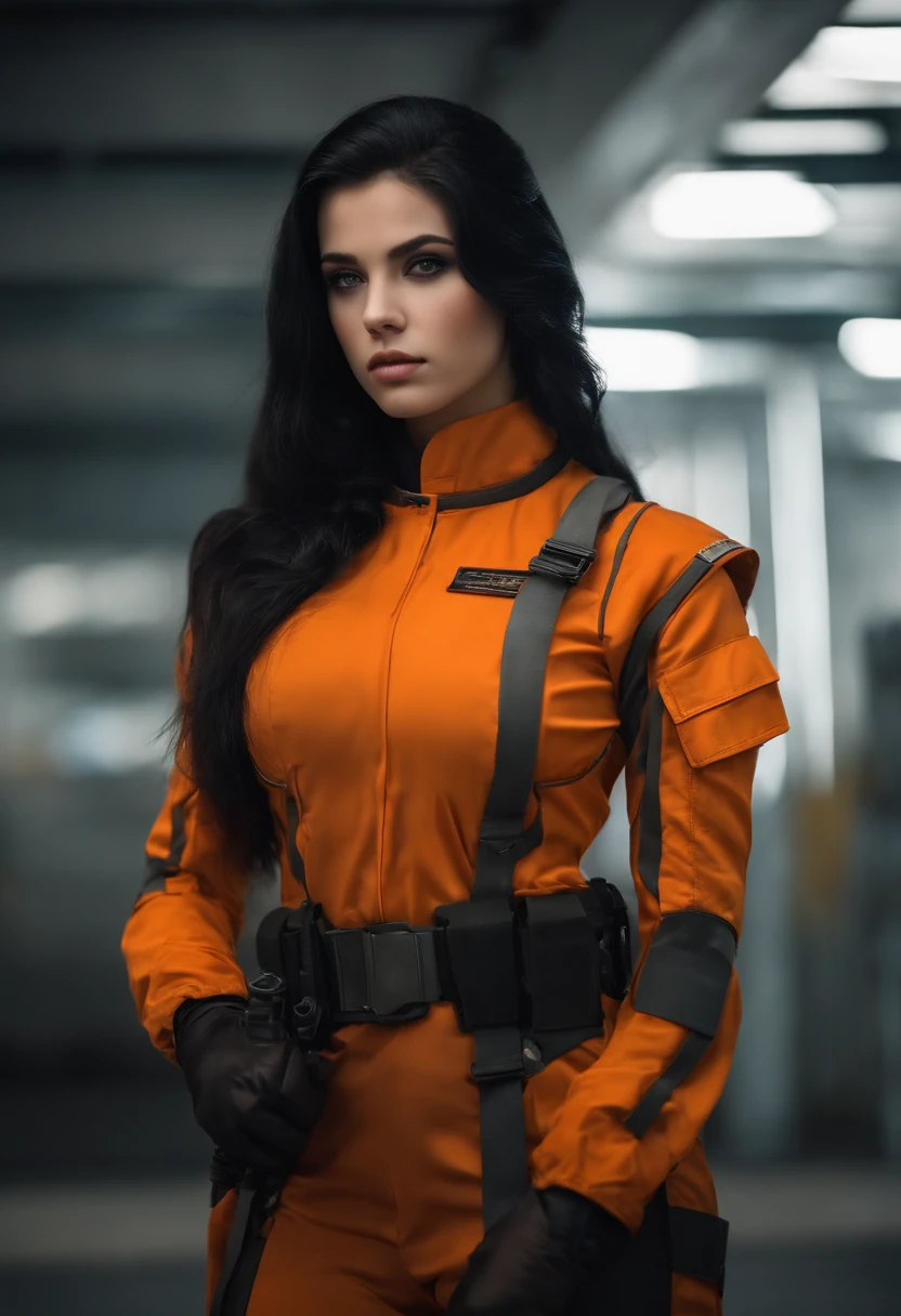 long black-haired white 17 year old girl wearing military suit, orangefarbener Umhang, Big hazel eyes, Science-Fiction, somber mood, charturnerv2 muscle girl big boobs