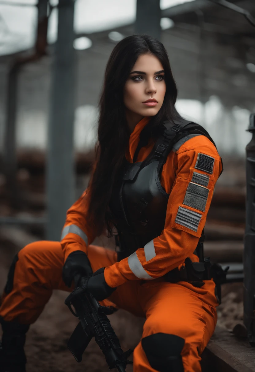long black-haired white girl wearing military suit, orangefarbener Umhang, Big hazel eyes, Science-Fiction, somber mood, charturnerv2 muscle girl big boobs