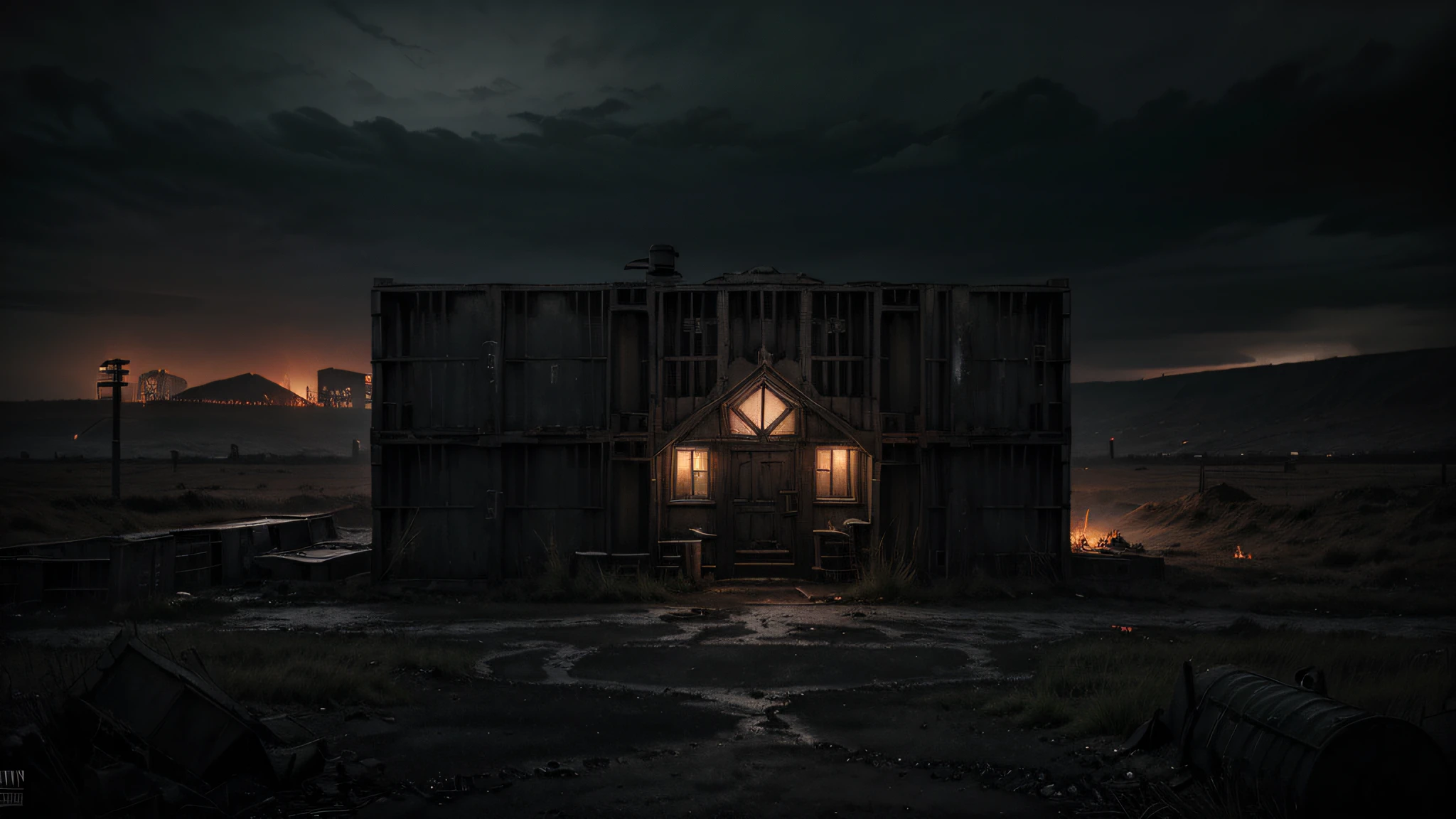 highly detailed landscape, loneliness, gloomy, abandoned vault, old wooden crates, dark endless concrete labyrinth, lots of mechanical spiders around, glowing red spider eyes, gloomy atmosphere, dystopian, highly detailed, highly detailed lighting, cold lighting, black sky, dark overcast pitch black sky, dusty, hopeless, gloomy anime girl, dark black skin anime girl, ashen hopeless anime girl