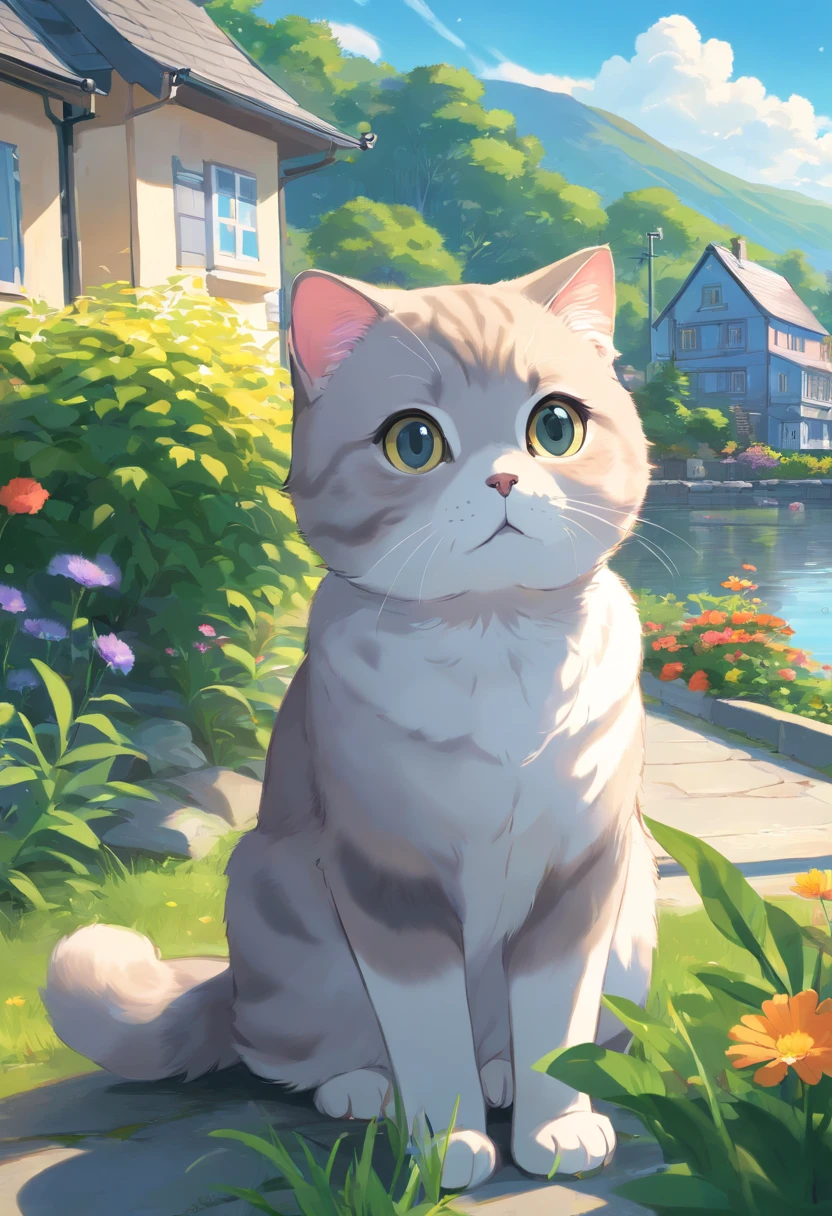 Scottish Fold cat, greys, Close-up. lakeside, trpical garden,, There are houses in the distance.