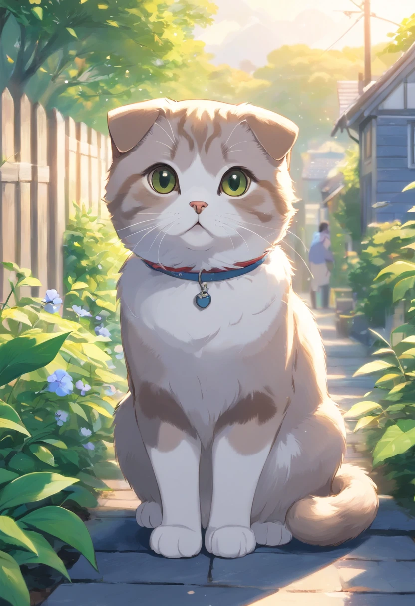 Scottish Fold cat, greys, Close-up. lakeside, trpical garden,, There are houses in the distance.