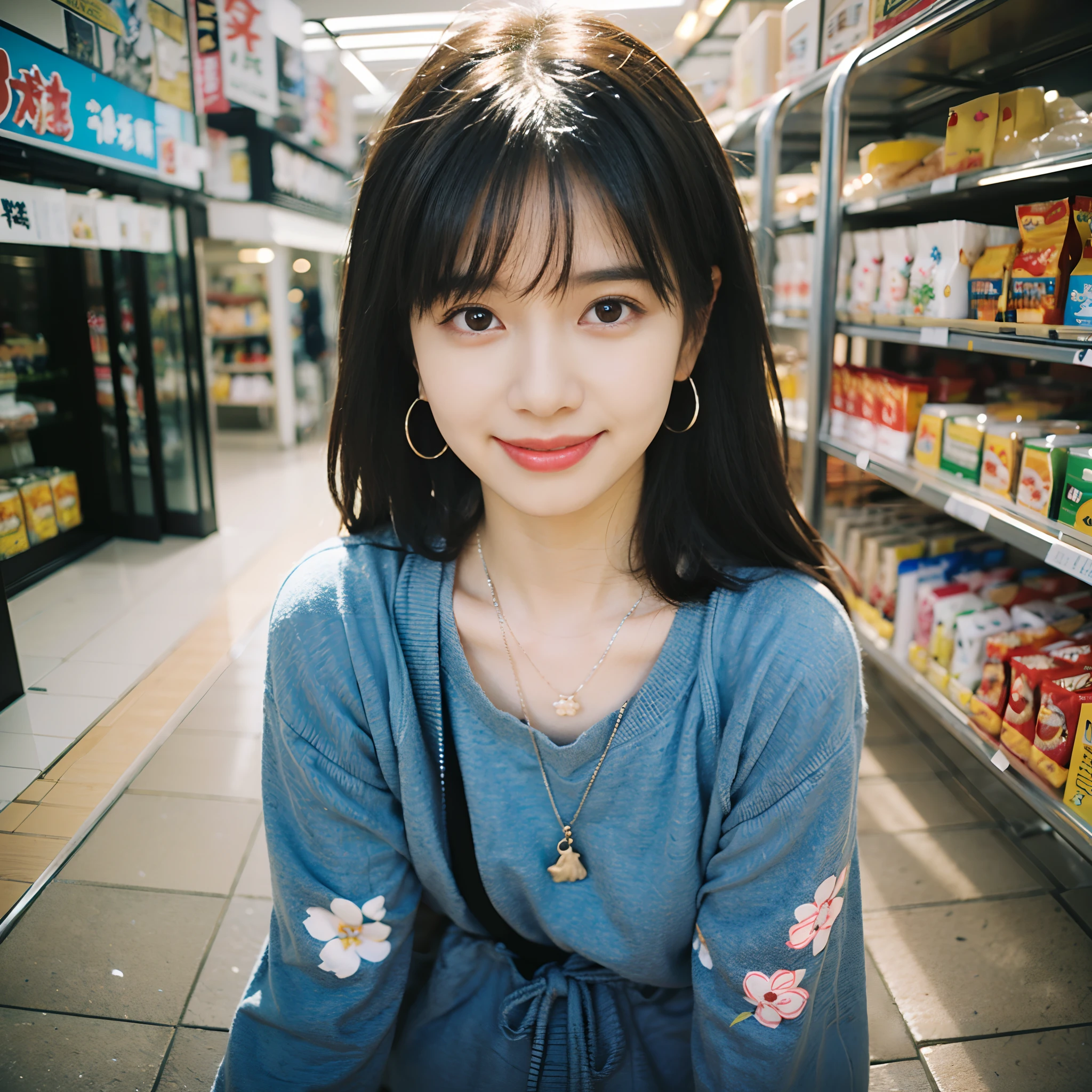 (A hyper-realistic), (illustratio), (hight resolution), (8K), (ighly detailed), (The best illustrations), (Beautiful detailed eyes), (top-quality), (ultra-detailliert), (​masterpiece), (wall-paper), (详细的脸), (beautiful smiling face)、(Beautiful expression)、(A dark-haired)、(long)、 Black eyes、Earrings with bangs、a necklace、 独奏、Only 1 person、Teeth are visible、real looking skin、supermarket、(((Cute Japan Beautiful Girl)))、 ((Beautiful Japan girl 20 years old))、 (((Casual clothing)))、 (((Slender body)))、 ((Full body subject))、(The whole body is shown)、a small face、You can also see your feet and toes、Realistic hair、 photographed:Sony a7C、135 mm、1/1250 seconds、F2.8、ISO 4001 Girls, breezing, rays of sunshine,