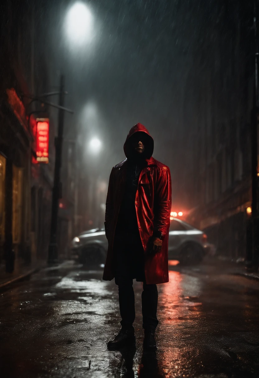 ((Full body photograph)) of a dark unknown powerful shadow non-human entity with skull face ((black, gold, red)), standing in the middle of a vacant city street while there is heavy rain and strong thunderstorm, photorealistic, stunning realistic photograph,highly detailed, intricately detailed, cinematic, Isometric, Centered,hyper realistic, cover photo, 12k, high definition, studio lighting, portrait, ultra high definition, centered, intricate artwork masterpiece, epic, highly detailed, vibrant, photo taken with Canon EOS 5D Mark IV, soft focus, bokeh, absurdity