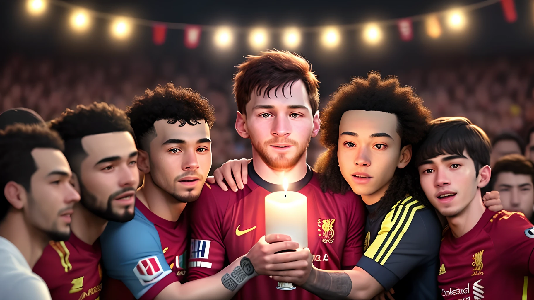 a man holding a lit candle in front of a group of people, messi, lionel messi, messi as cyborg, best photography of 2 0 2 1, the last selfie on earth, last selfie on earth, mo salah, selfie of a man, viral photo, the last selfie ever taken, lionel messi portrait, viral image, world best photography