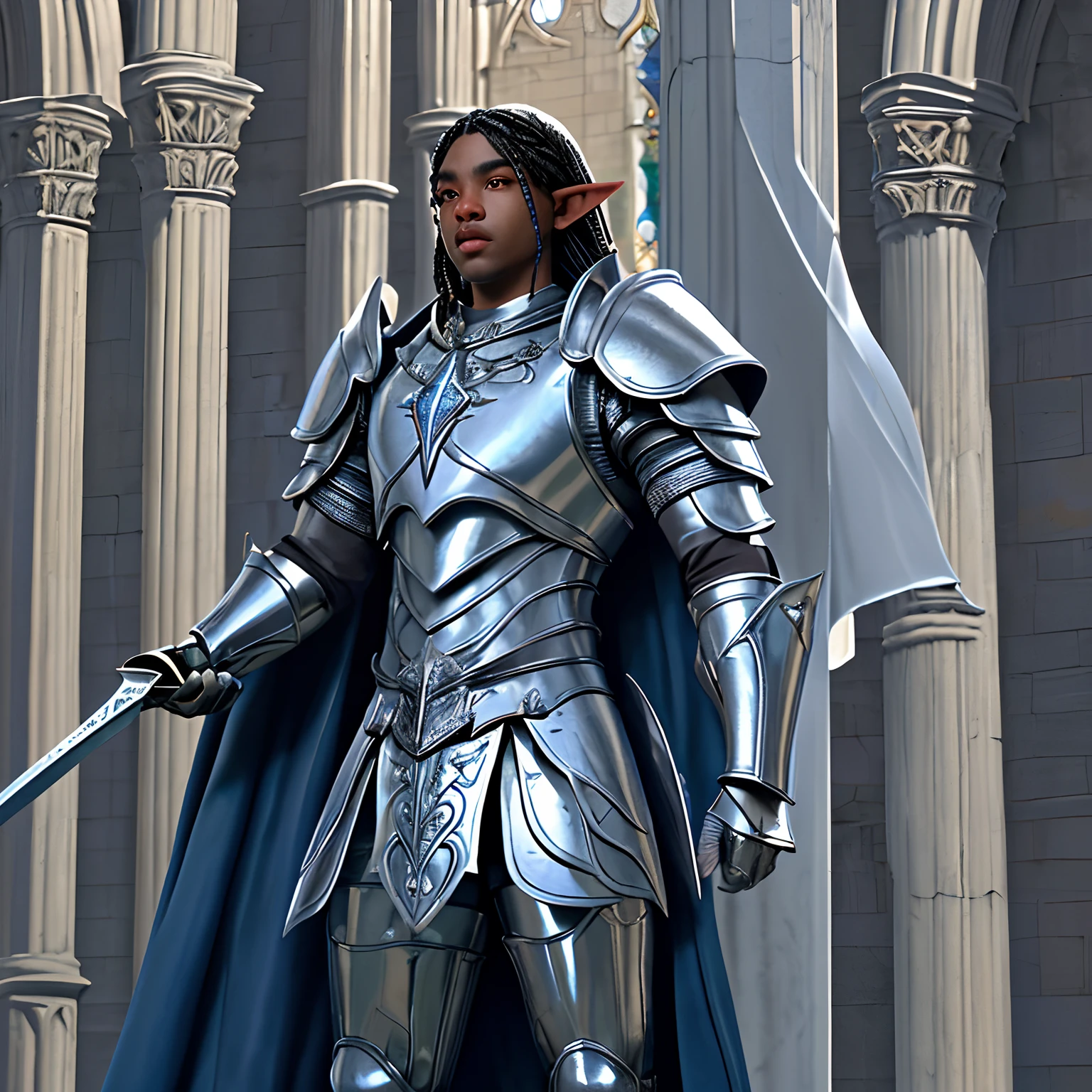 A young handsome Big eyed African American Elf with short thick cropped hair, clad in silver plate armor, standing proudly in a cathedral like castle hall, a blue velvet cape draping from the pauldrons on the armor, a great sword mounted on his back, anime eyes, short dreds