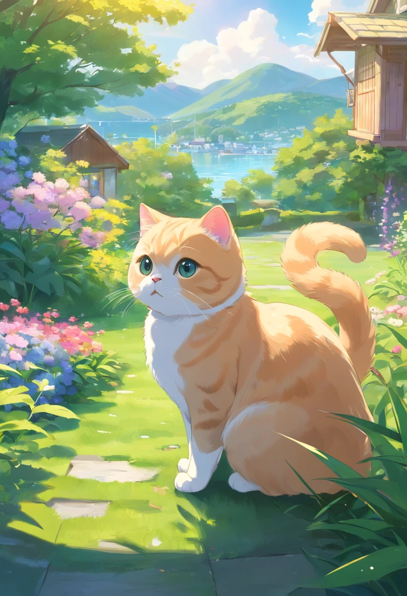 Scottish Fold cat, Close-up. lakeside, trpical garden,, There are houses in the distance.