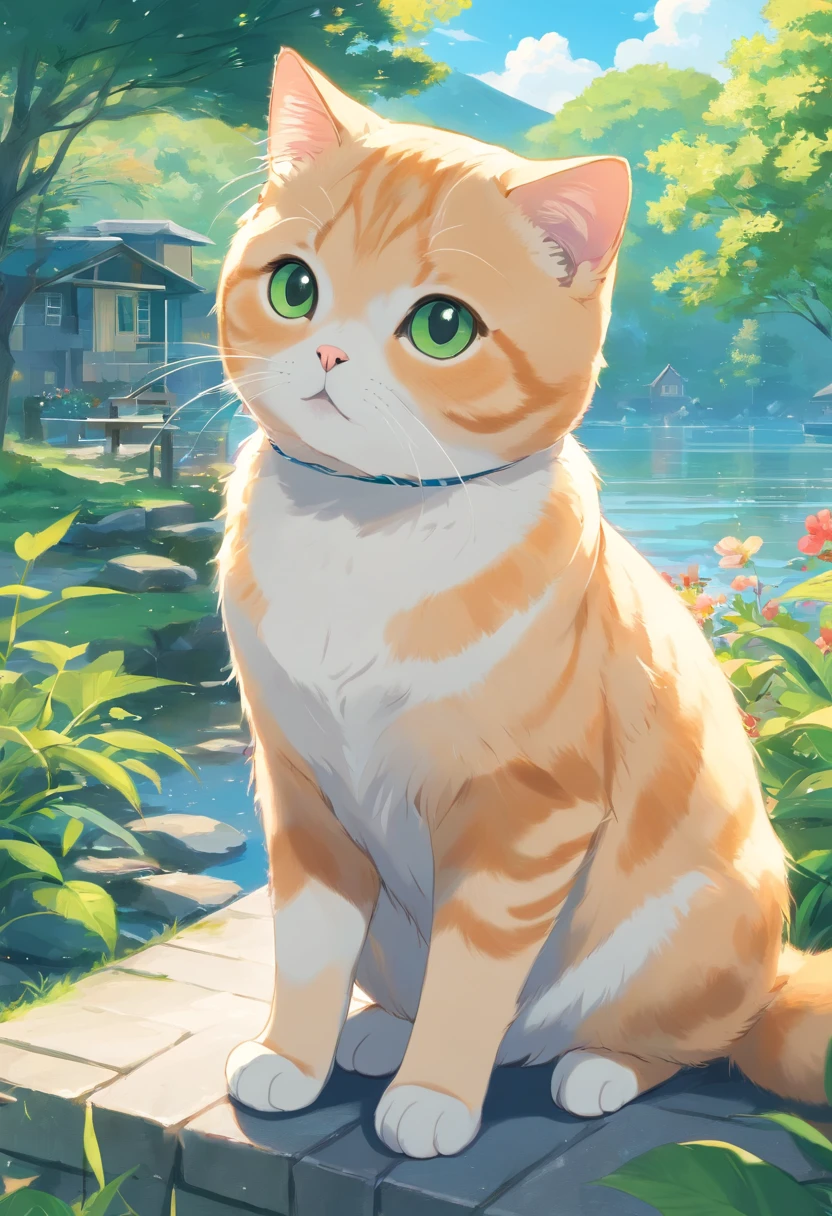 Scottish Fold cat, Close-up. lakeside, trpical garden,, There are houses in the distance.