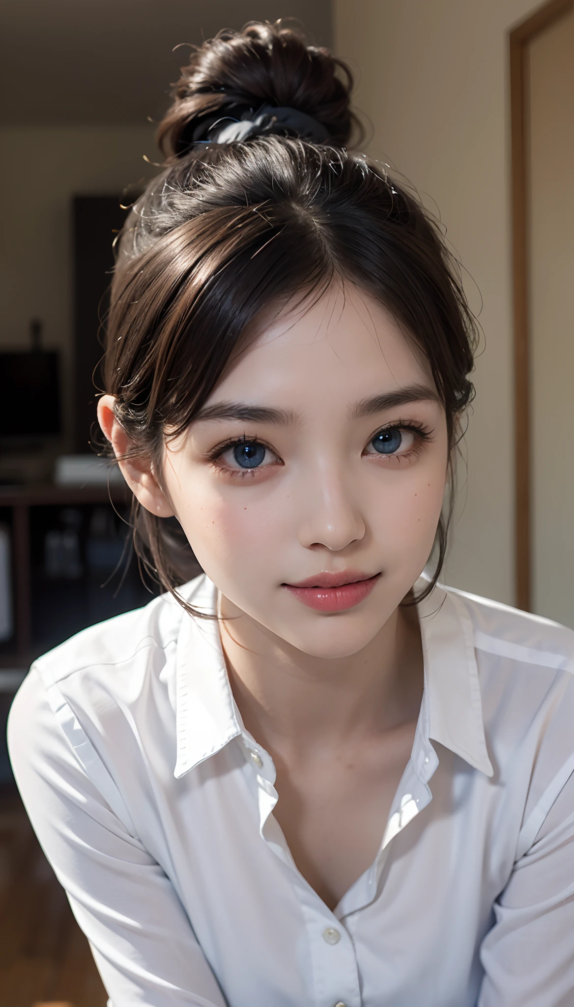 teen, 1girl in, Extremely cute, Amazing face and eyes, (Beautiful lovely smile), (extremely detailed beautiful face), bright and shiny lips, Super beautiful, (School blouse:1.3), (Best Quality:1.4), (hyper quality), (Ultra-detailed), (Hyper-realistic, Photorealsitic:1.37), Authentic skin texture, Highly detailed CG integrated 8k wallpapers, RAW Photos, professional photograpy, Cinematic lighting,