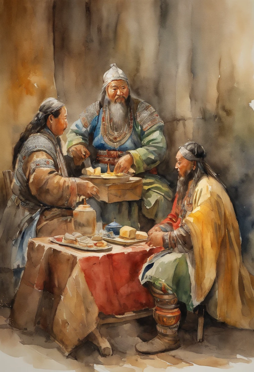 Genghis Khan sitting on table, playing cheese, 3 daughter standing behind, history vibe