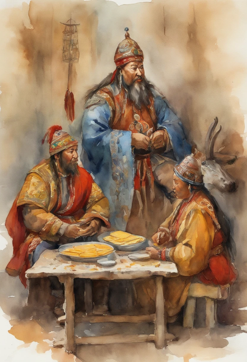 Genghis Khan sitting on table,  playing cheese,  3 daughter standing behind,  history vibe