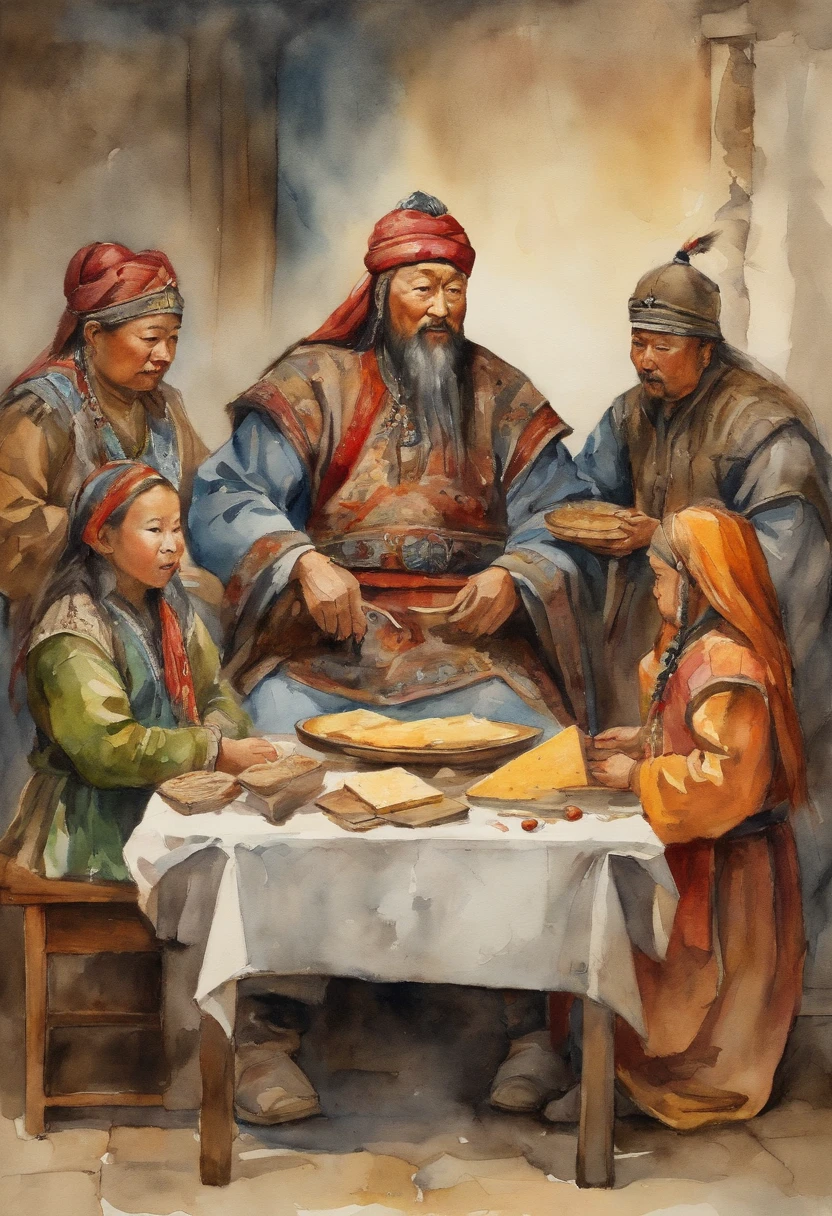 Genghis Khan sitting on table, playing cheese, 3 daughter standing behind, history vibe