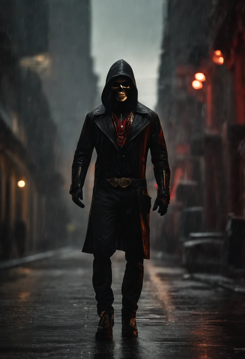 ((Full body photograph)) of a dark unknown powerful shadow non-human entity with skull face ((black, gold, red)), standing in the middle of a vacant city street while there is heavy rain and strong thunderstorm, photorealistic, stunning realistic photograph,highly detailed, intricately detailed, cinematic, Isometric, Centered,hyper realistic, cover photo, 12k, high definition, studio lighting, portrait, ultra high definition, centered, intricate artwork masterpiece, epic, highly detailed, vibrant, photo taken with Canon EOS 5D Mark IV, soft focus, bokeh, absurdity