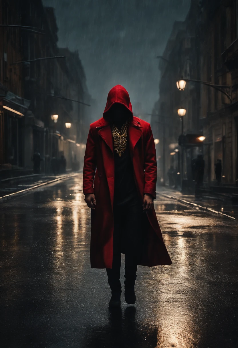 ((Full body photograph)) of a dark unknown powerful shadow non-human entity with skull face ((black, gold, red)), standing in the middle of a vacant city street while there is heavy rain and strong thunderstorm, photorealistic, stunning realistic photograph,highly detailed, intricately detailed, cinematic, Isometric, Centered,hyper realistic, cover photo, 12k, high definition, studio lighting, portrait, ultra high definition, centered, intricate artwork masterpiece, epic, highly detailed, vibrant, photo taken with Canon EOS 5D Mark IV, soft focus, bokeh, absurdity