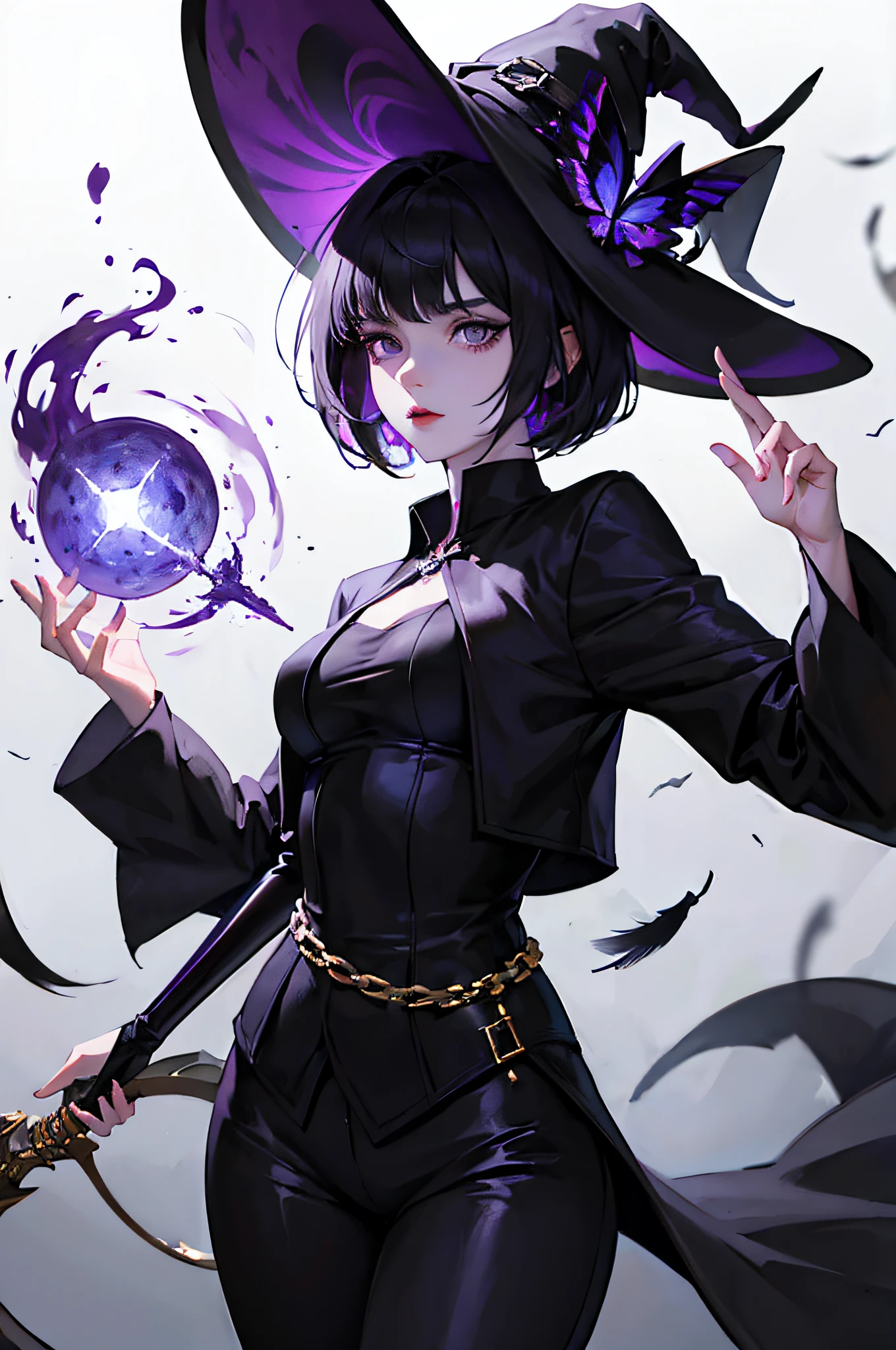 A witch, sharp face, short hair, black hair, big eyes, lilac eyes, pale skin like paper, dark circles under her eyes, black feathered clothes, black pants, feathered hat, magic staff. esthetic look
