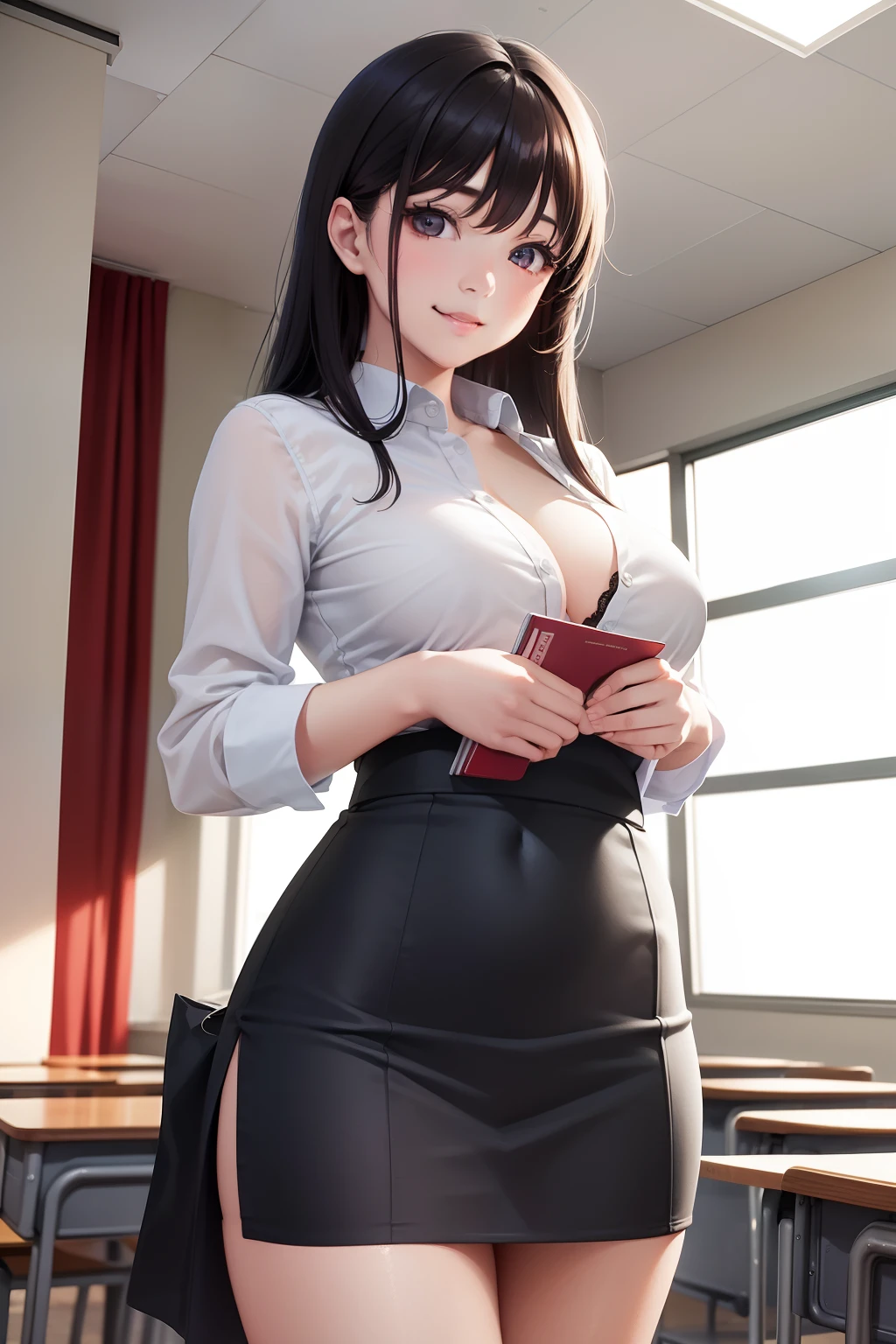 There is a woman holding a book in the classroom, in class room, Young Sensual Gravure Idol, Surreal teachers, as a strict school teacher ), Young Pretty Gravure Idol, Realistic Young Gravure Idol, Teasing smile, sophisticated gravure idol, japanese high school, cute little, Panchira