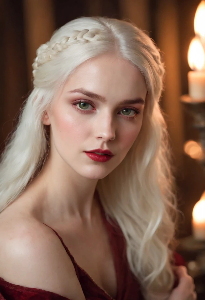 (((A crimson wound crossed her left cheek.))) Fair-skinned, The woman is about 19 years old., Natural White Hair, Prominent green eyes, Wear KOHL, Sleek and elegant, Beautiful, Candlelight in a medieval atmosphere, ultra sharp focus, Realistic shooting, Medieval women's clothing, tetradic color (scar:1.4)