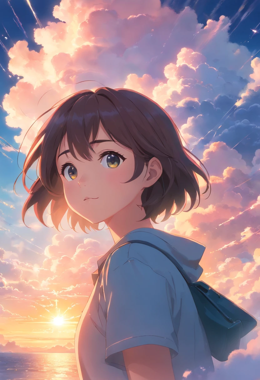 masterpiece, best quality, movie still, 1girl, cloud girl, floating in the sky, close-up, bright, happy, warm soft lighting, sunset, (sparks:0.7)