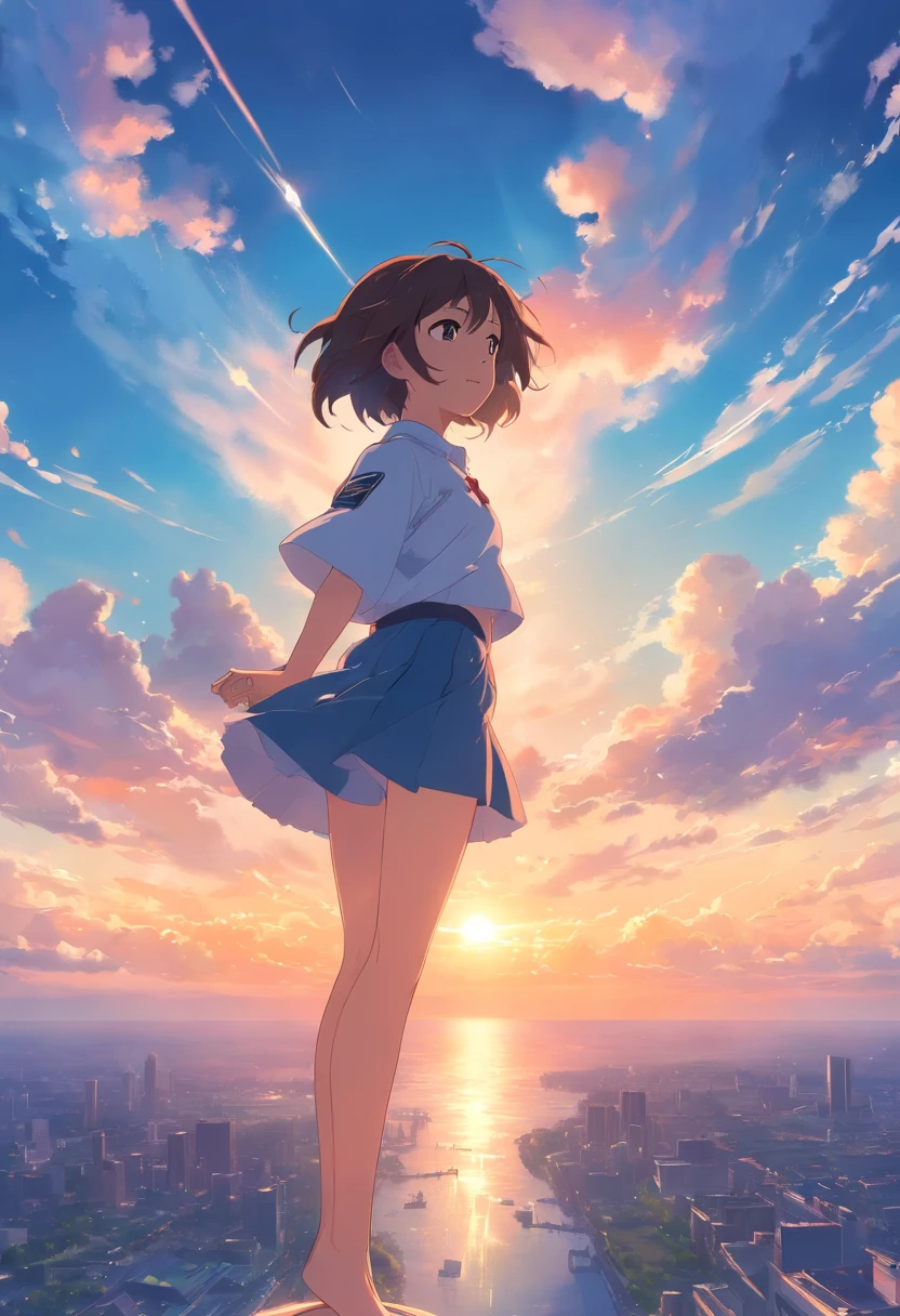 masterpiece, best quality, movie still, 1girl, cloud girl, floating in the sky, close-up, bright, happy, warm soft lighting, sunset, (sparks:0.7)