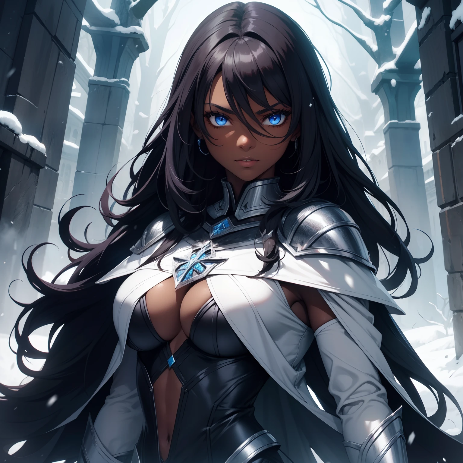 Dark Skin woman. Berserker woman. Blue Eyes. High volumous hair. Vary dark hair Snow Forest. Medieval Art