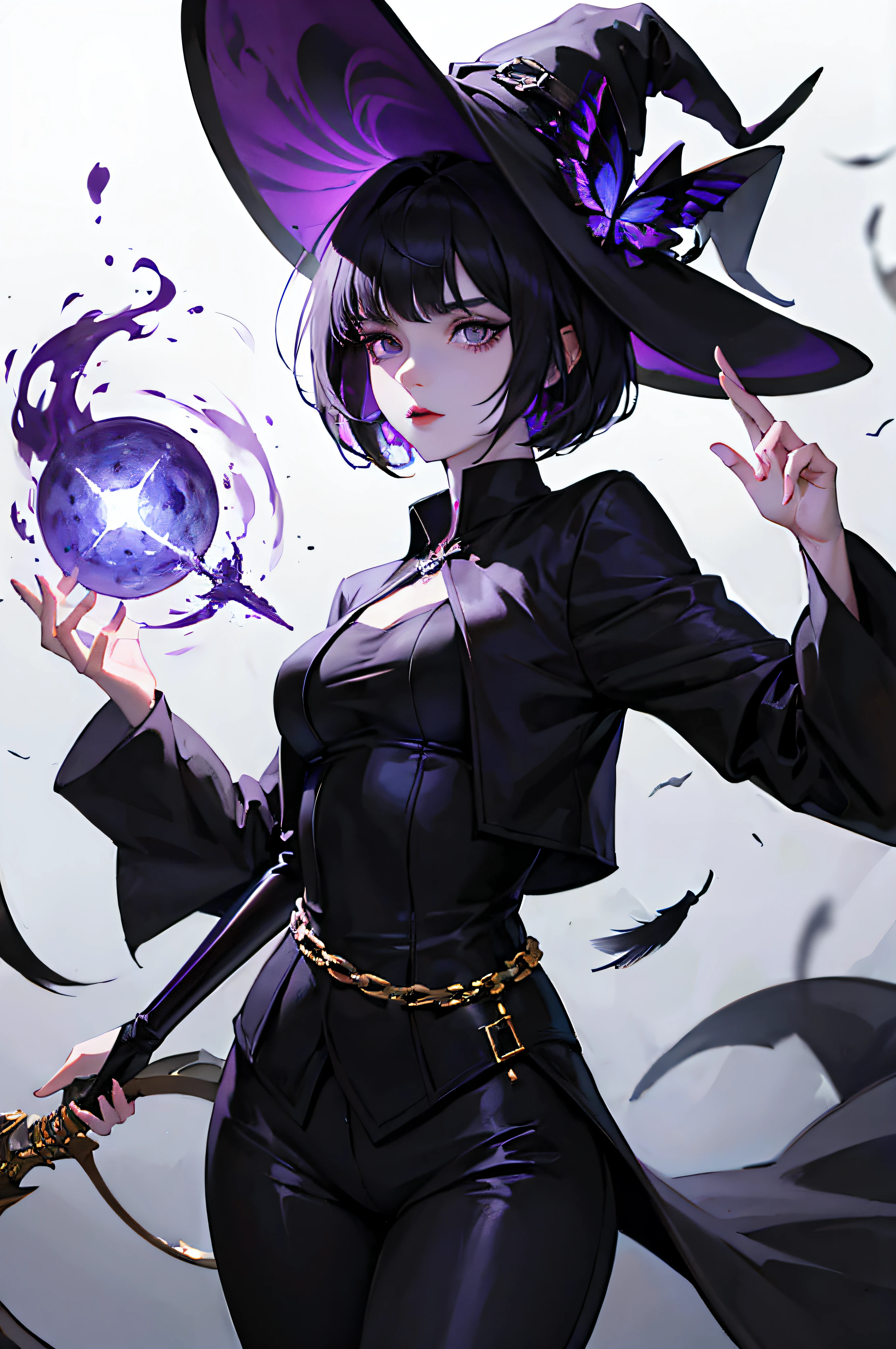 A witch, sharp face, short hair, black hair, big eyes, lilac eyes, pale skin like paper, dark circles under her eyes, black feathered clothes, black pants, feathered hat, magic staff. esthetic look