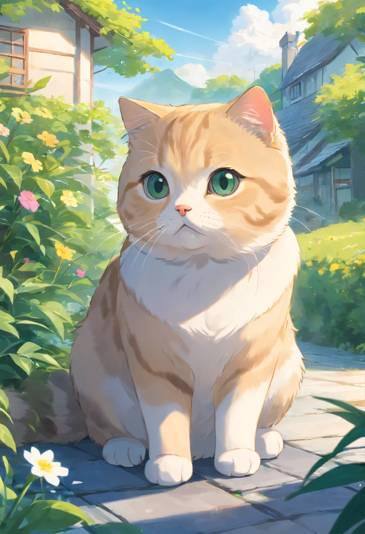 Scottish Fold cat, Close-up. lakeside, trpical garden,, There are houses in the distance.