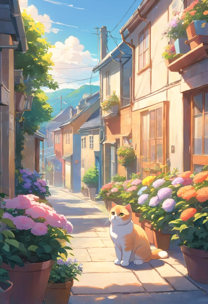 Scottish Fold cat, Close-up. On the street, flower pots,, There are houses in the distance.