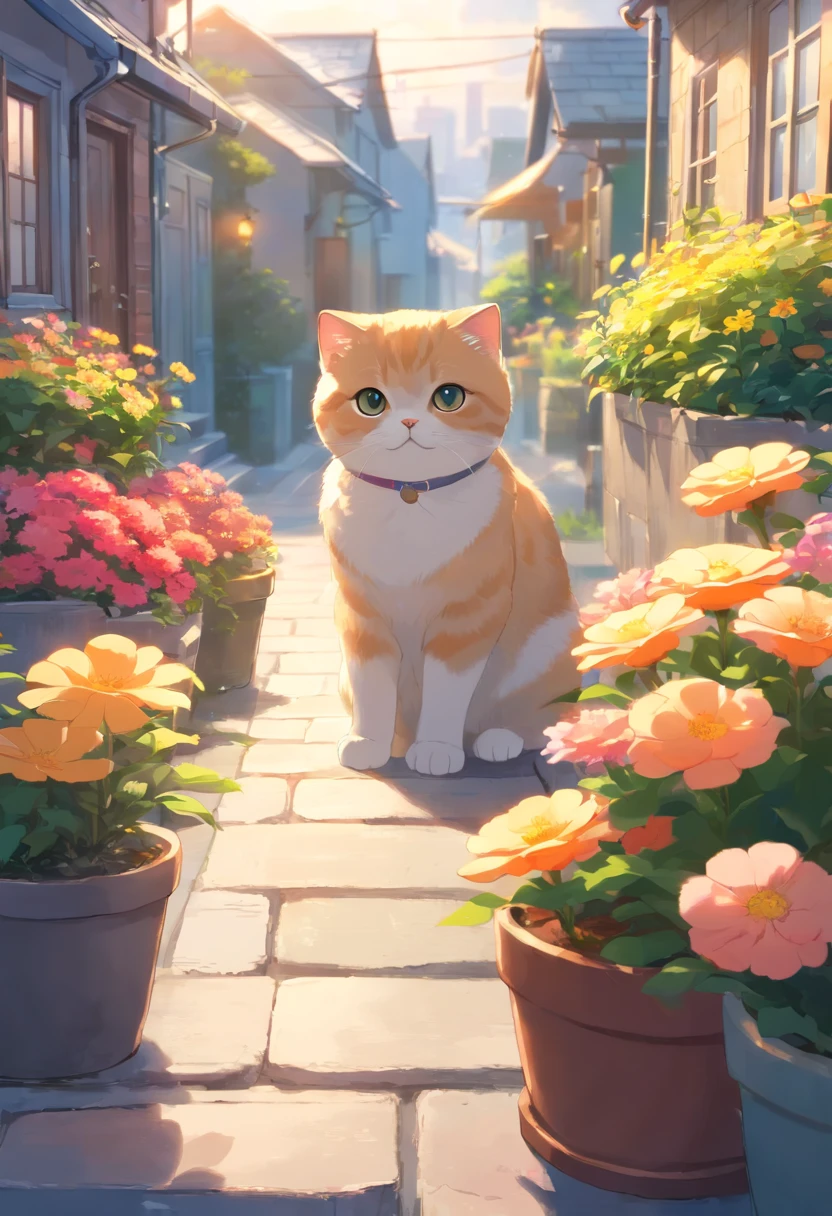 Scottish Fold cat, Close-up. On the street, flower pots,, There are houses in the distance.