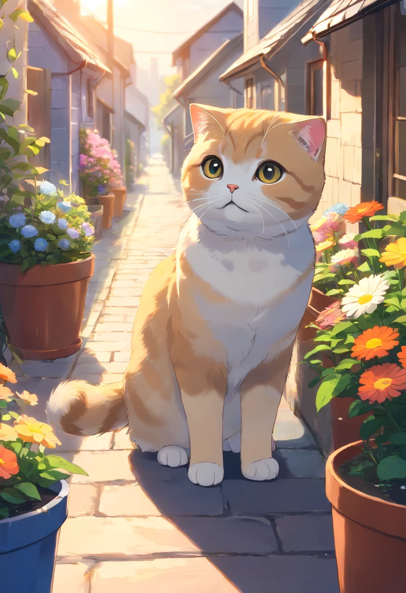Scottish Fold cat, Close-up. On the street, flower pots,, There are houses in the distance.