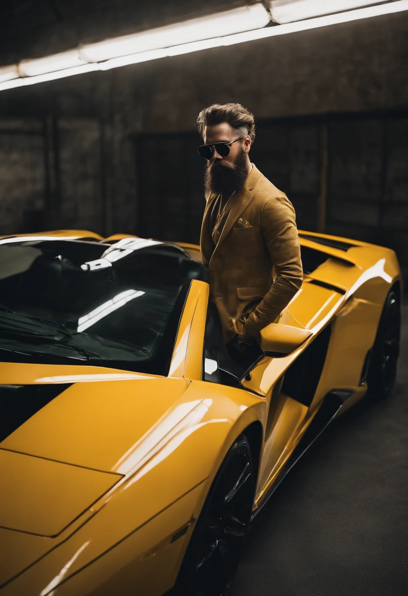 man with beard , yellow lamborghini, Success, sunglasses, official costume, colourful, 真实感